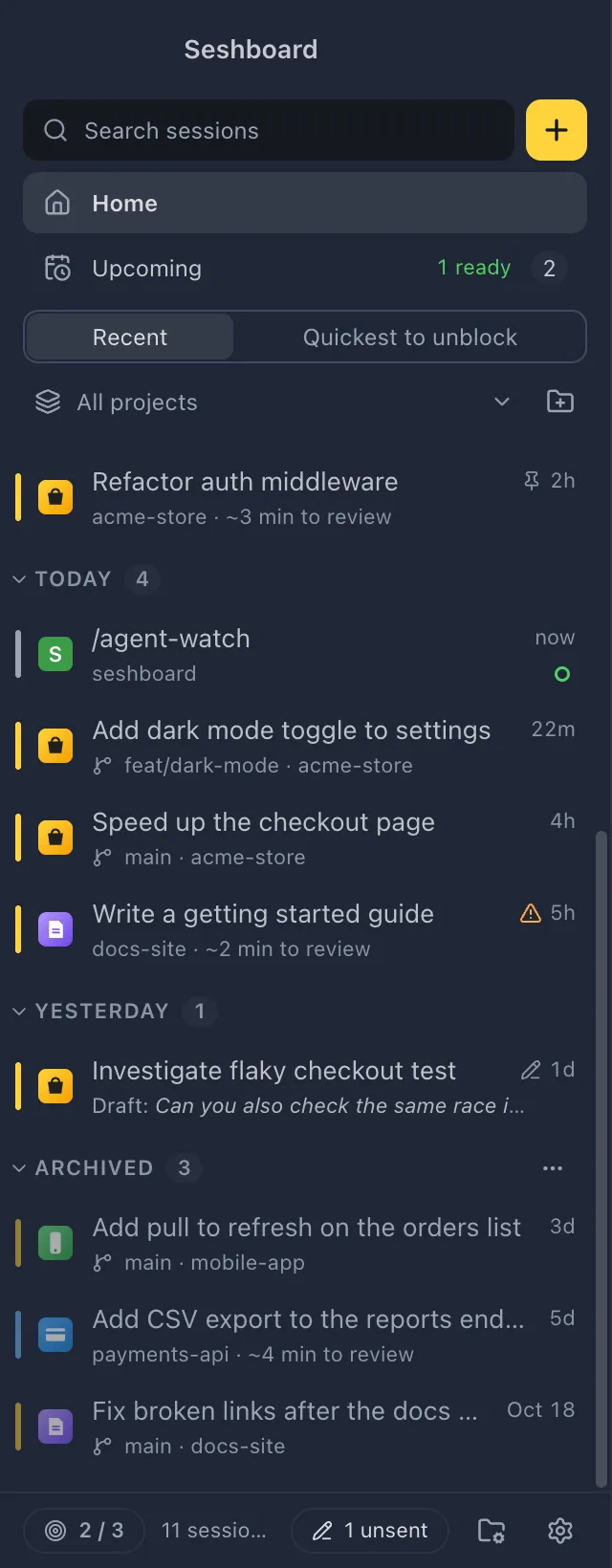 The sidebar with the Archived section opened under the other sessions, its sessions slightly faded