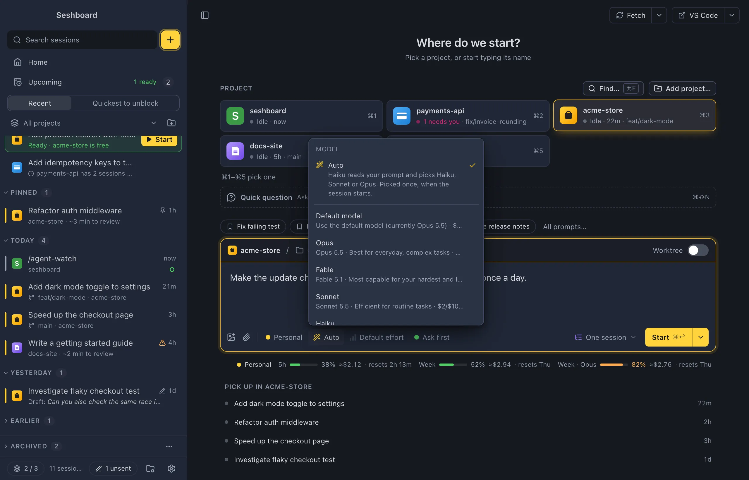 New session with the model menu open: Auto first, with a wand and the line 'Haiku reads your prompt and picks Haiku, Sonnet or Opus. Picked once, when the session starts.', then a line, Default model and the models