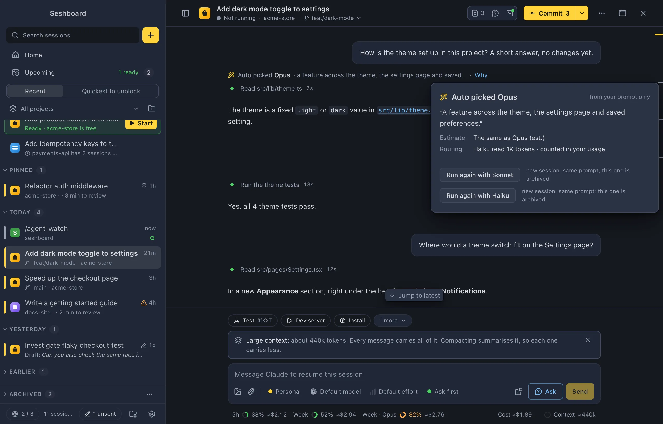 A session with the line 'Auto picked Opus' above Claude's first answer, and the popover from Why: the reason in quotes, an estimate against Opus, the Haiku tokens it used, and Run again with Sonnet and with Haiku