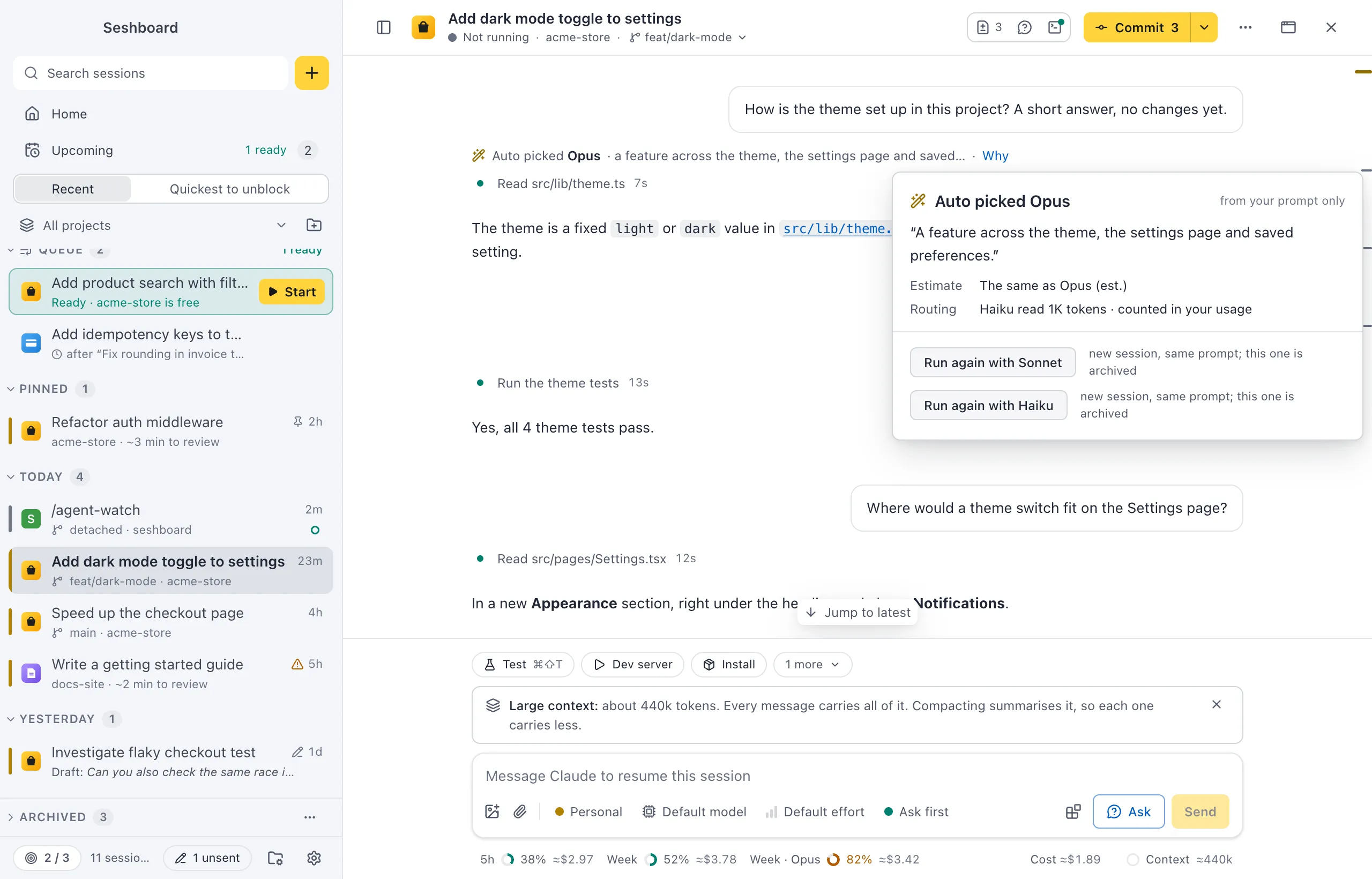 A session with the line 'Auto picked Opus' above Claude's first answer, and the popover from Why: the reason in quotes, an estimate against Opus, the Haiku tokens it used, and Run again with Sonnet and with Haiku