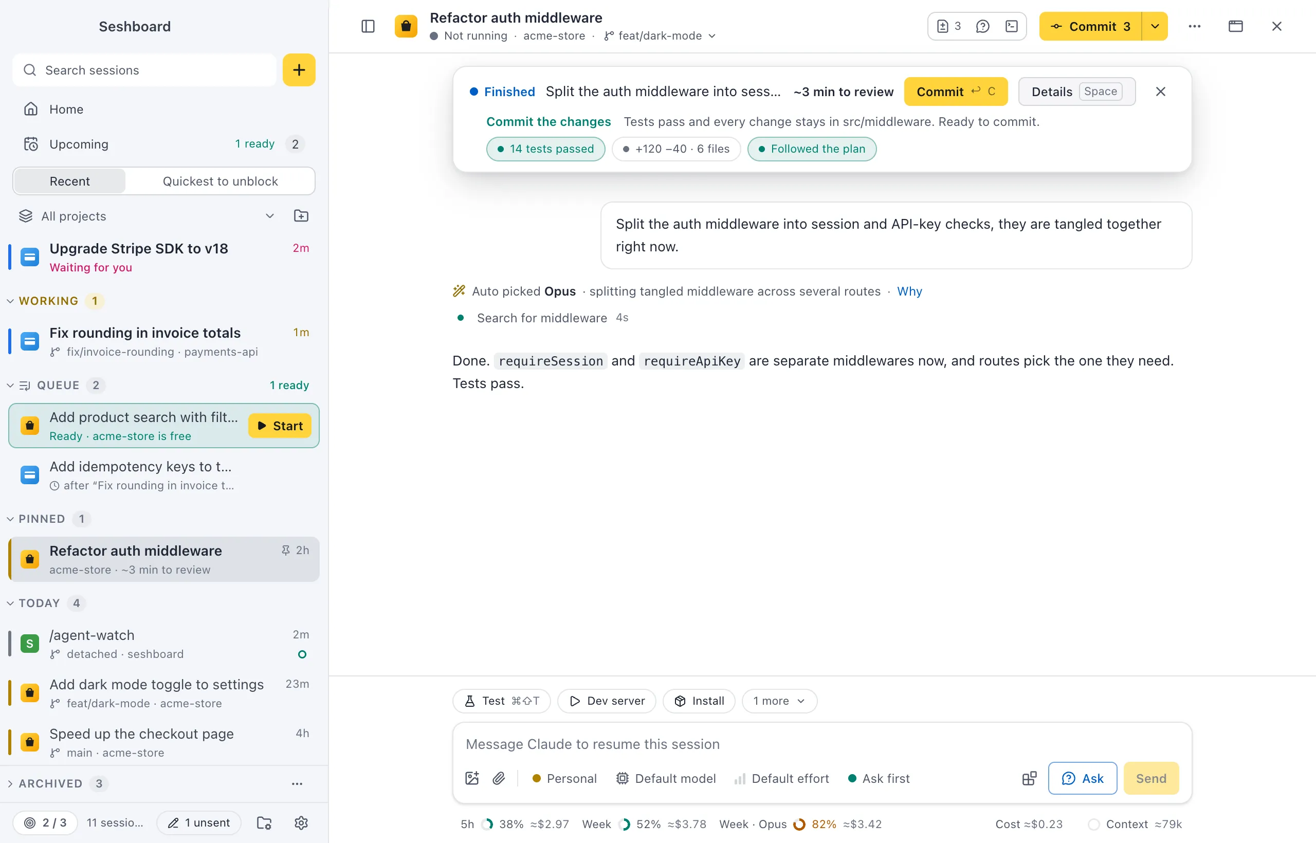 The catch-up banner above the conversation: Finished, the ask, about 3 minutes to review, Commit and Details, and the chips 14 tests passed, +120 −40 · 6 files and Followed the plan