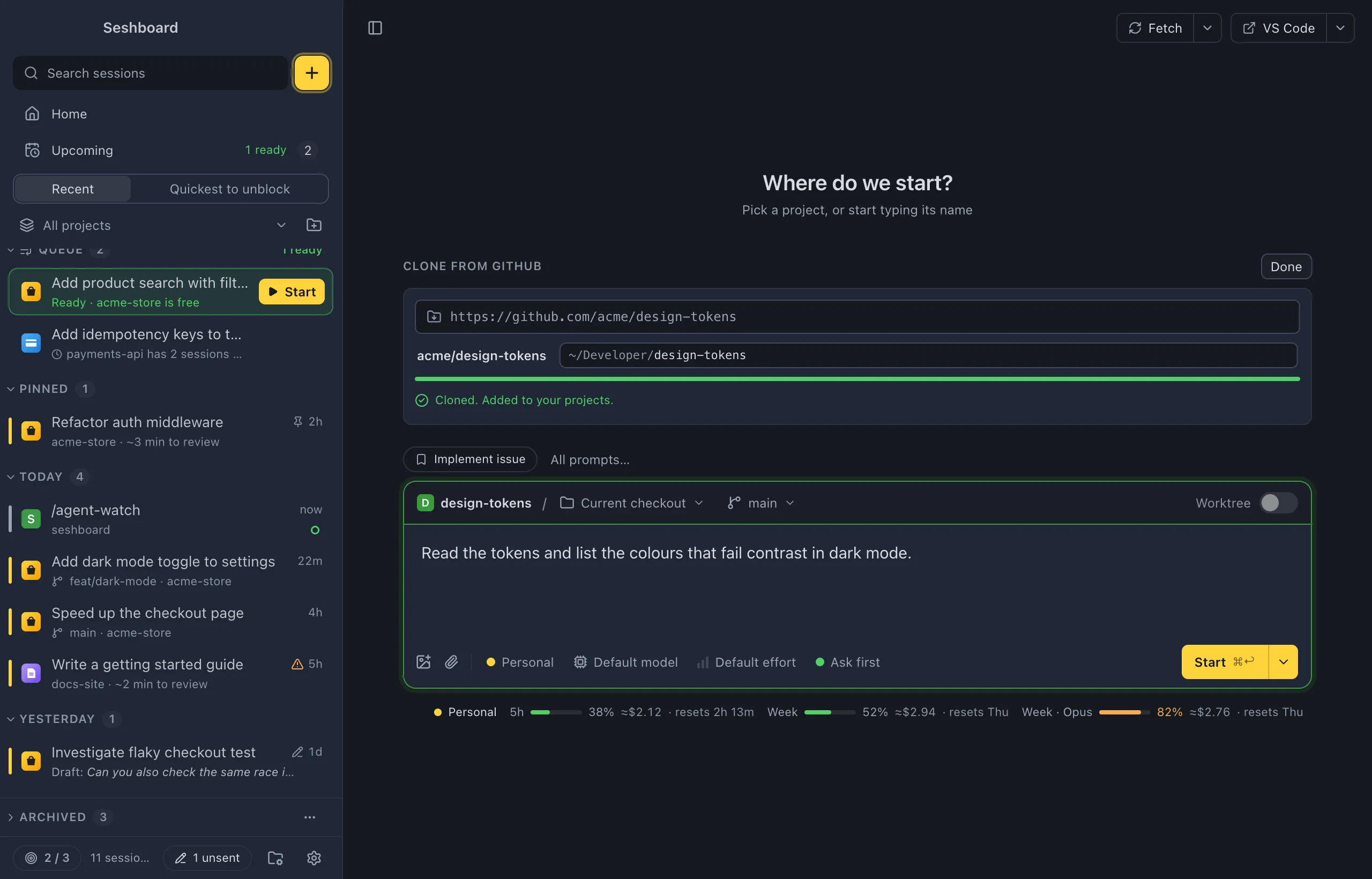 New session with the Clone from GitHub form: the URL of a repository, the folder it goes in under ~/Developer, the finished clone added to your projects, and a prompt in the message box under it