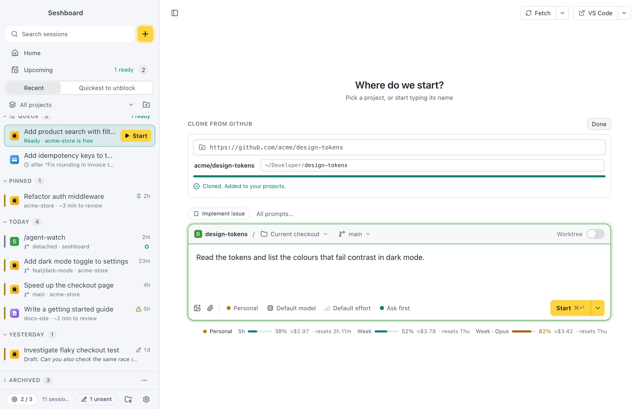 New session with the Clone from GitHub form: the URL of a repository, the folder it goes in under ~/Developer, the finished clone added to your projects, and a prompt in the message box under it