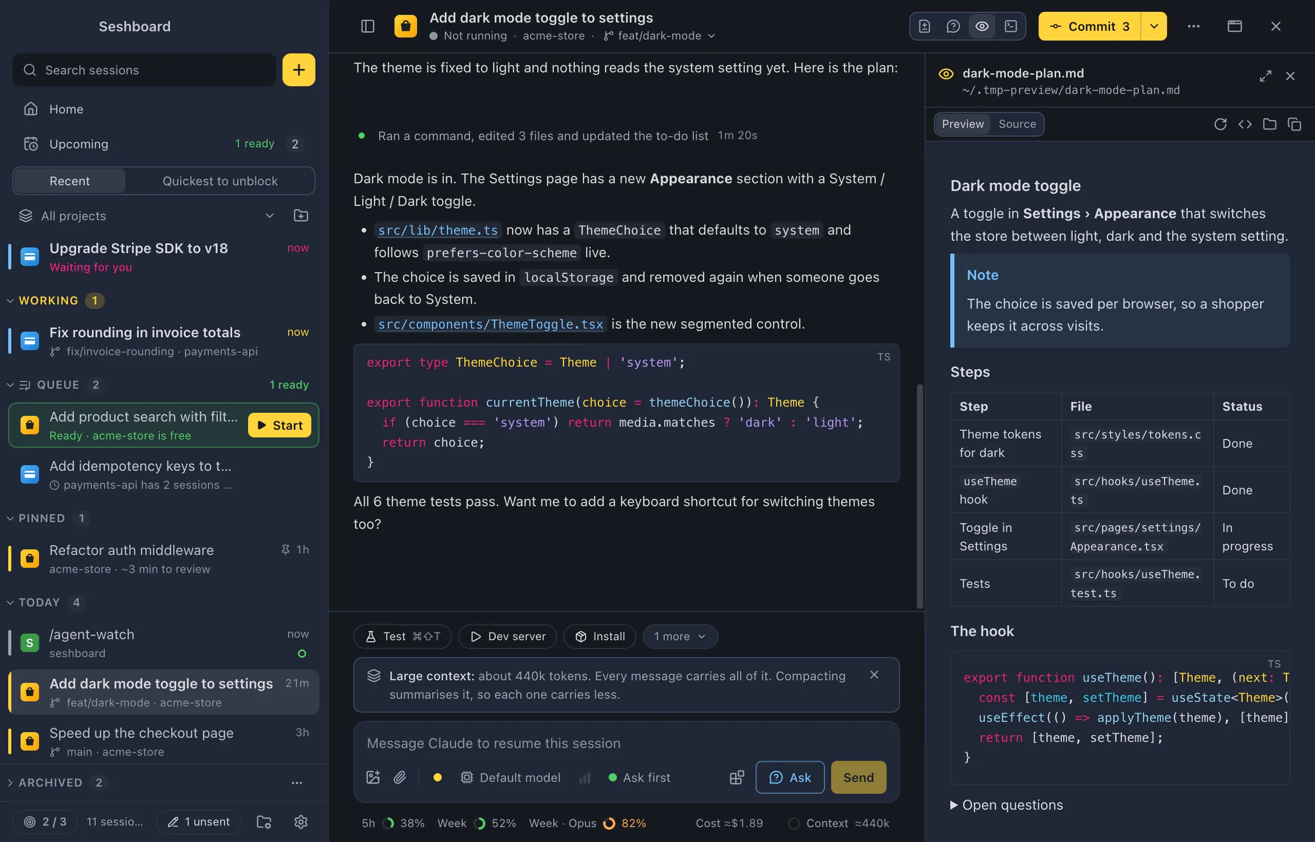 A session with a Markdown plan open in the side panel: a heading, a Note alert, a table of steps, a code block and a folded Open questions block