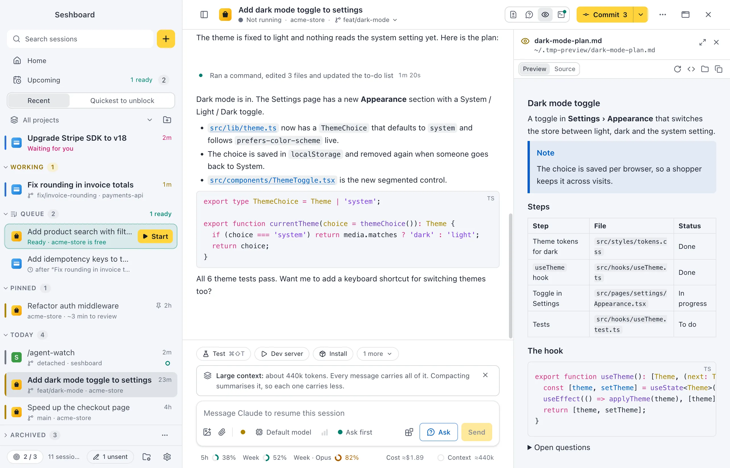 A session with a Markdown plan open in the side panel: a heading, a Note alert, a table of steps, a code block and a folded Open questions block