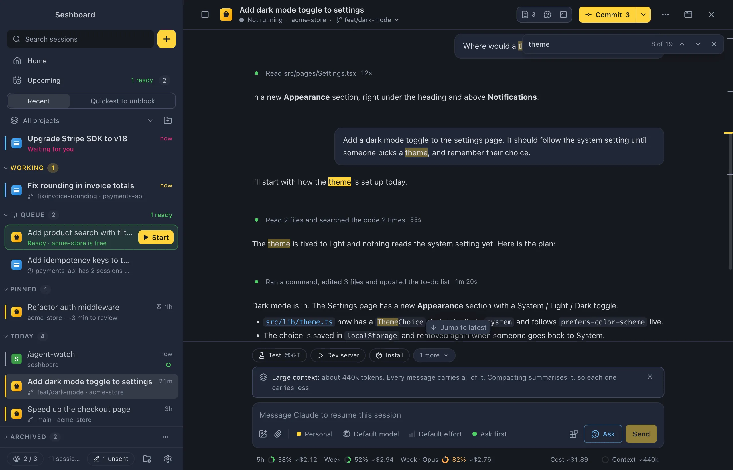 Find in conversation open over a session, with every match highlighted and the count of matches next to the field