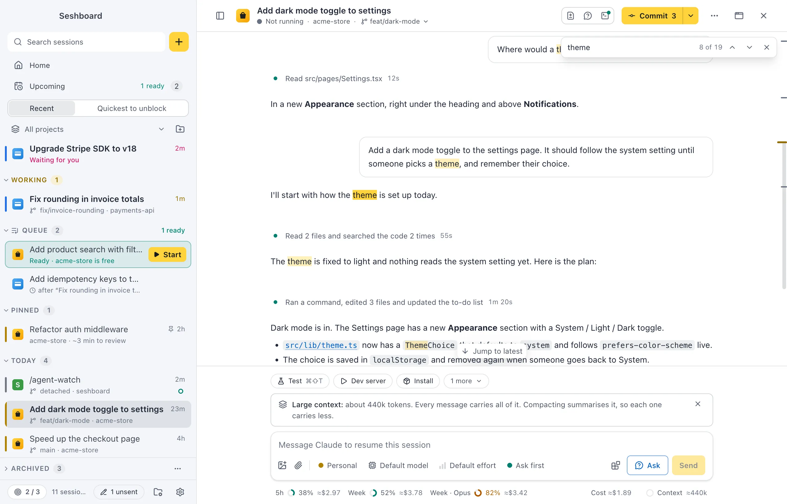 Find in conversation open over a session, with every match highlighted and the count of matches next to the field