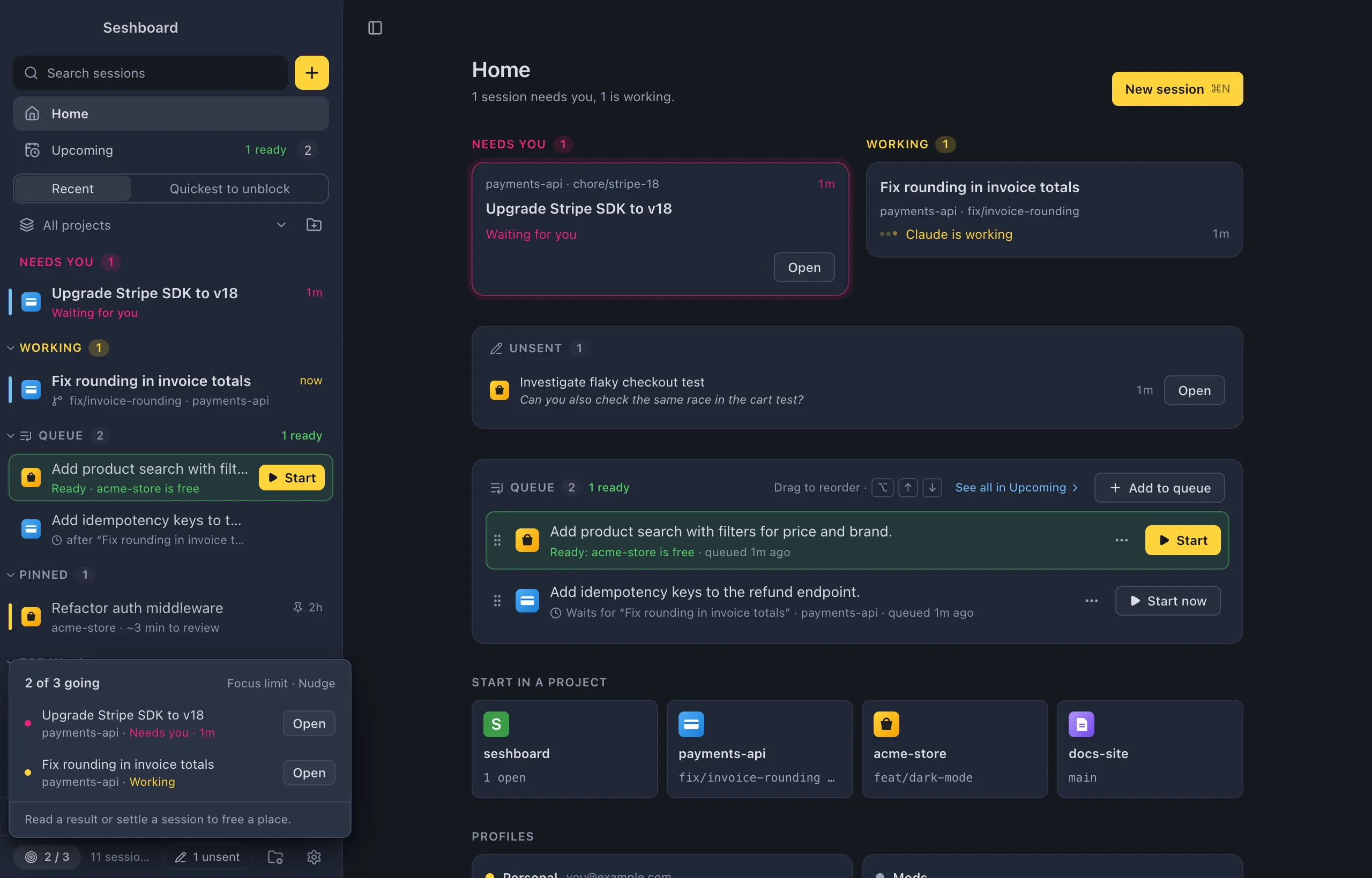The focus limit counter in the sidebar footer showing 2 / 3, with its popover listing the sessions that count, each with its state and an Open button
