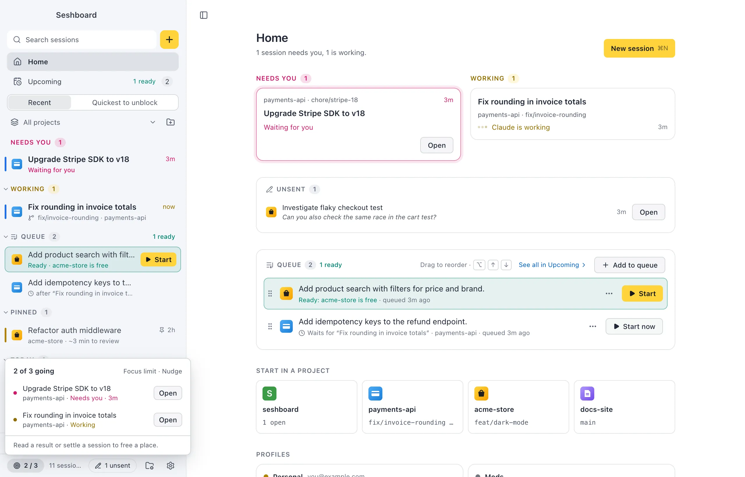 The focus limit counter in the sidebar footer showing 2 / 3, with its popover listing the sessions that count, each with its state and an Open button