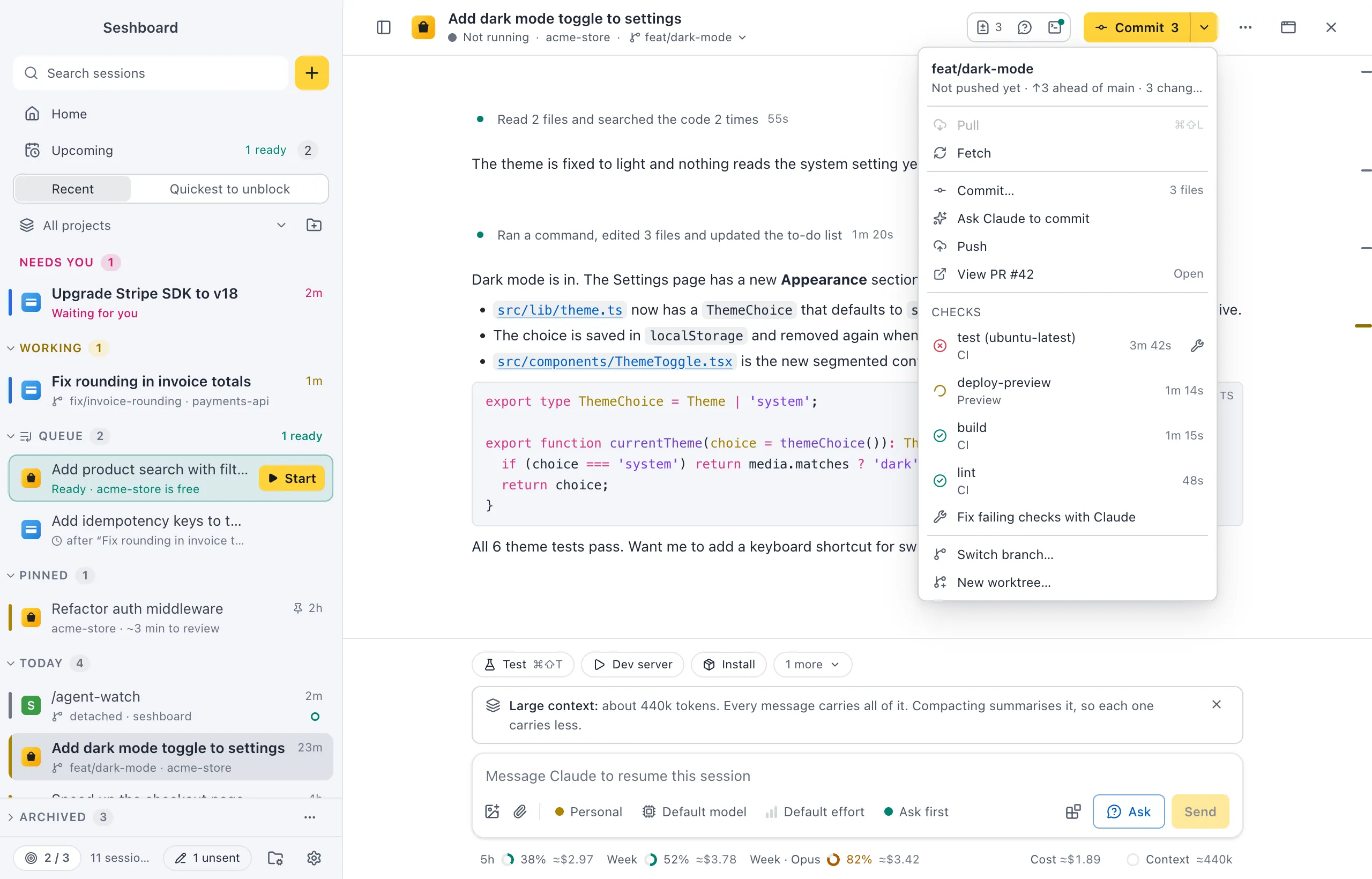 The git menu with View PR #42 and a Checks group: a failed test job with a Fix with Claude button, a running deploy preview, build and lint passed, then Fix failing checks with Claude