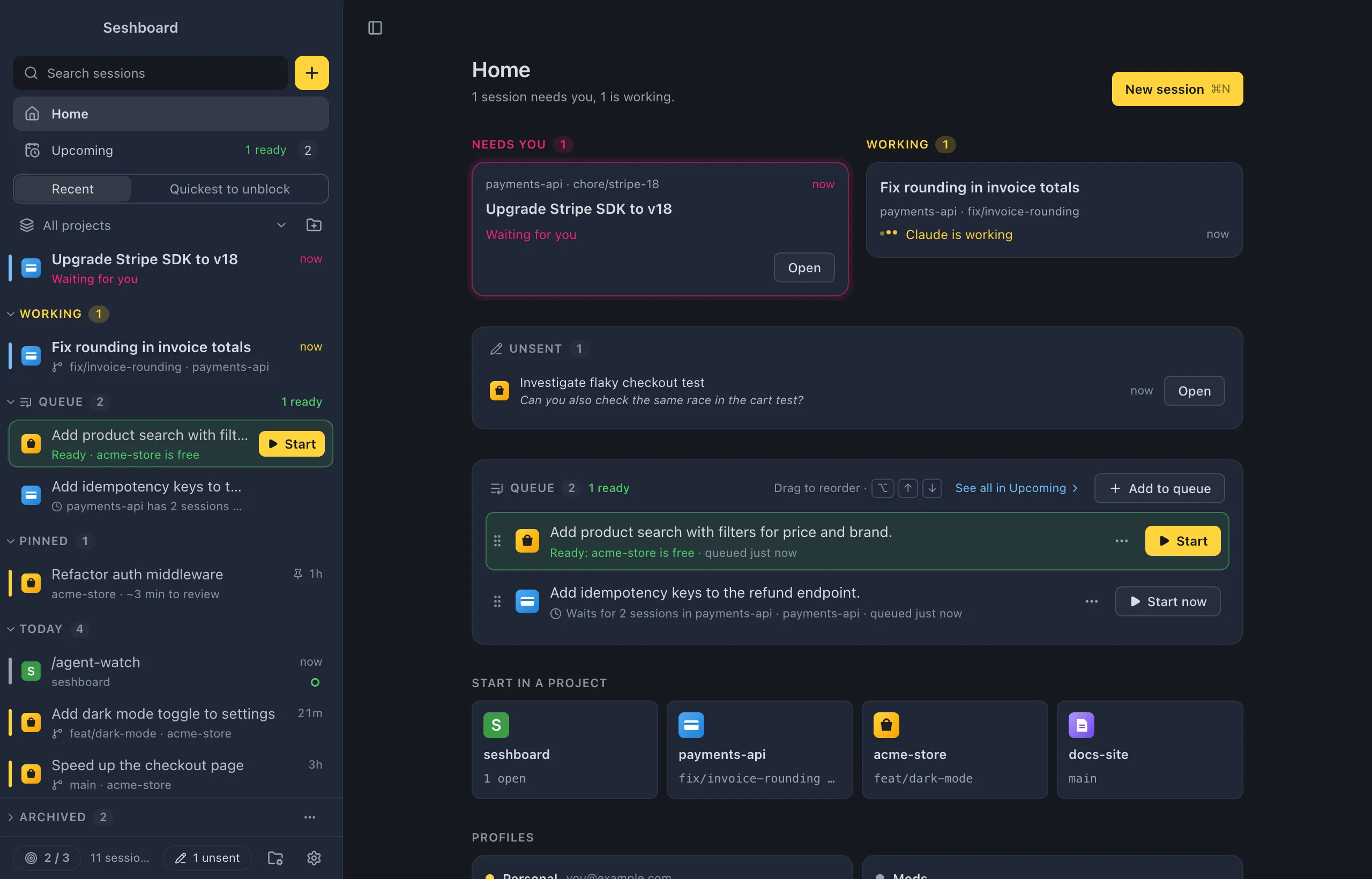 Home: a session that needs you, one that is working, the queue, project tiles to start in, and the usage of two Claude profiles