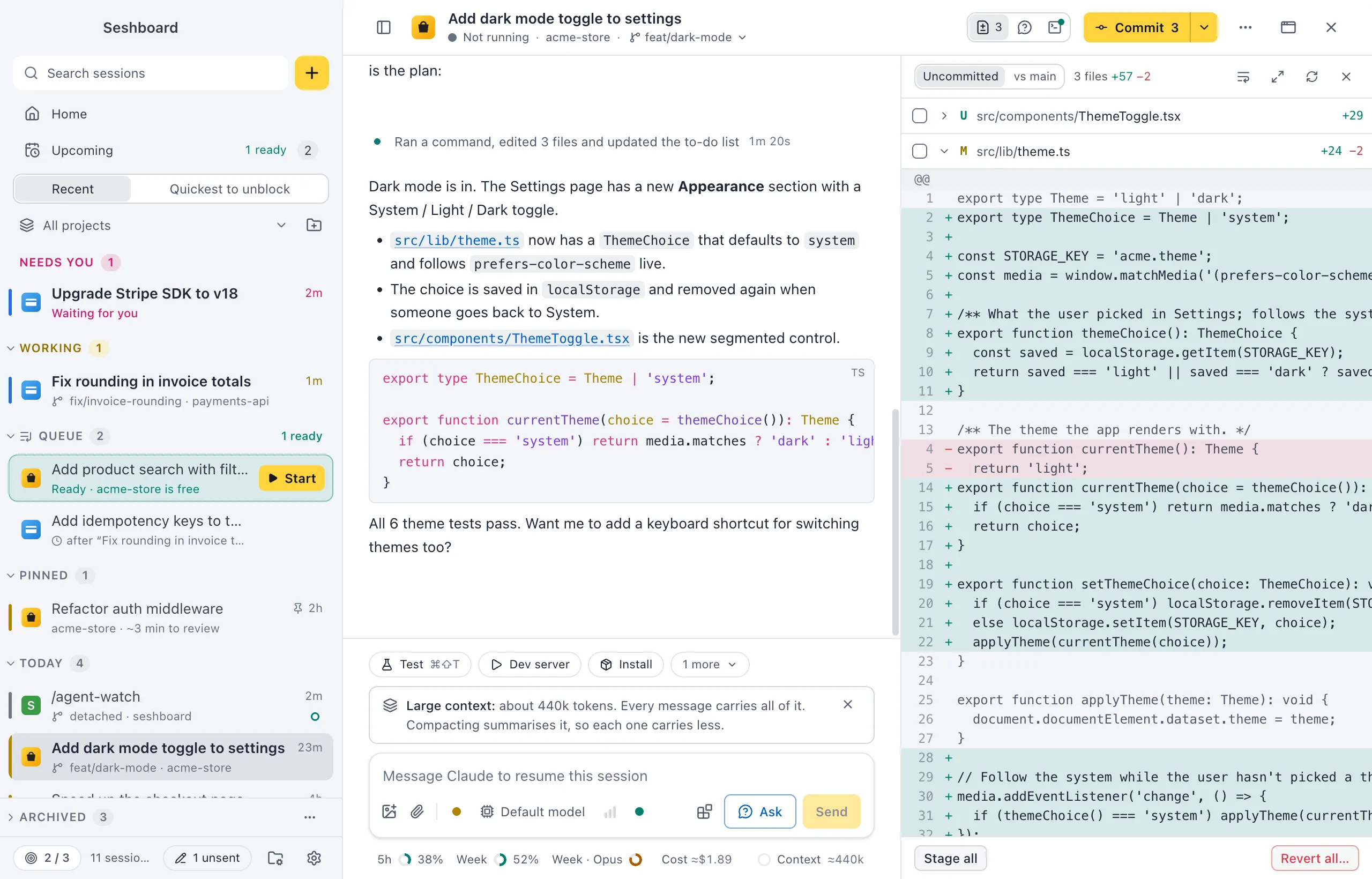 A finished session with the Changes panel open on the right: a list of changed files with their status letters and line counts, and one file's diff opened inline