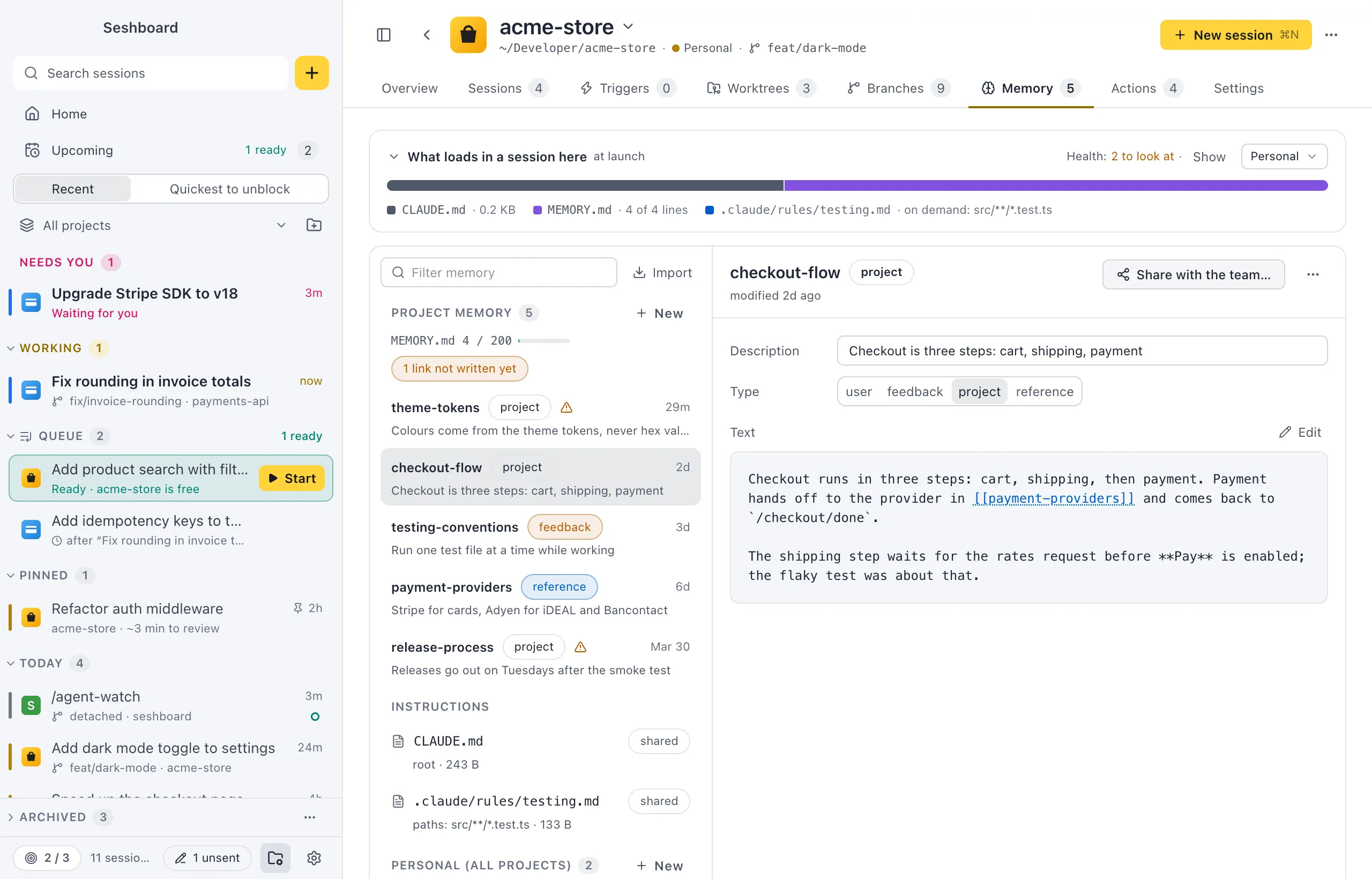 A memory open in the editor: its name and type at the top with Written in and the session's title, the Description field, the Type control, the text with a [[link]], and Linked from and Not written yet under it