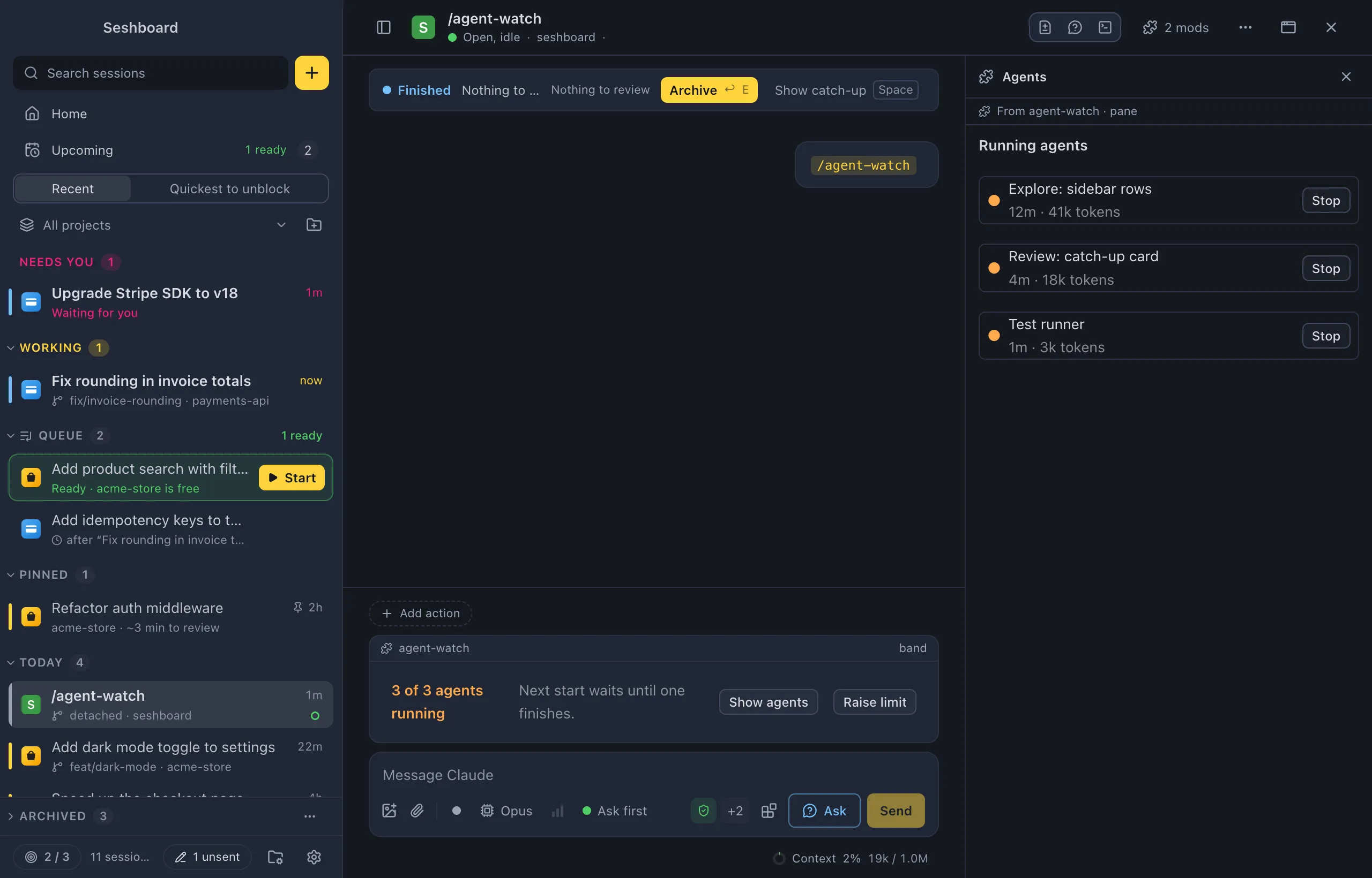 A session with two mods. Above the message box, a band from agent-watch says 3 of 3 agents running, with Show agents and Raise limit. On the right, the Agents pane from agent-watch lists three running agents, each with Stop. The header shows 2 mods