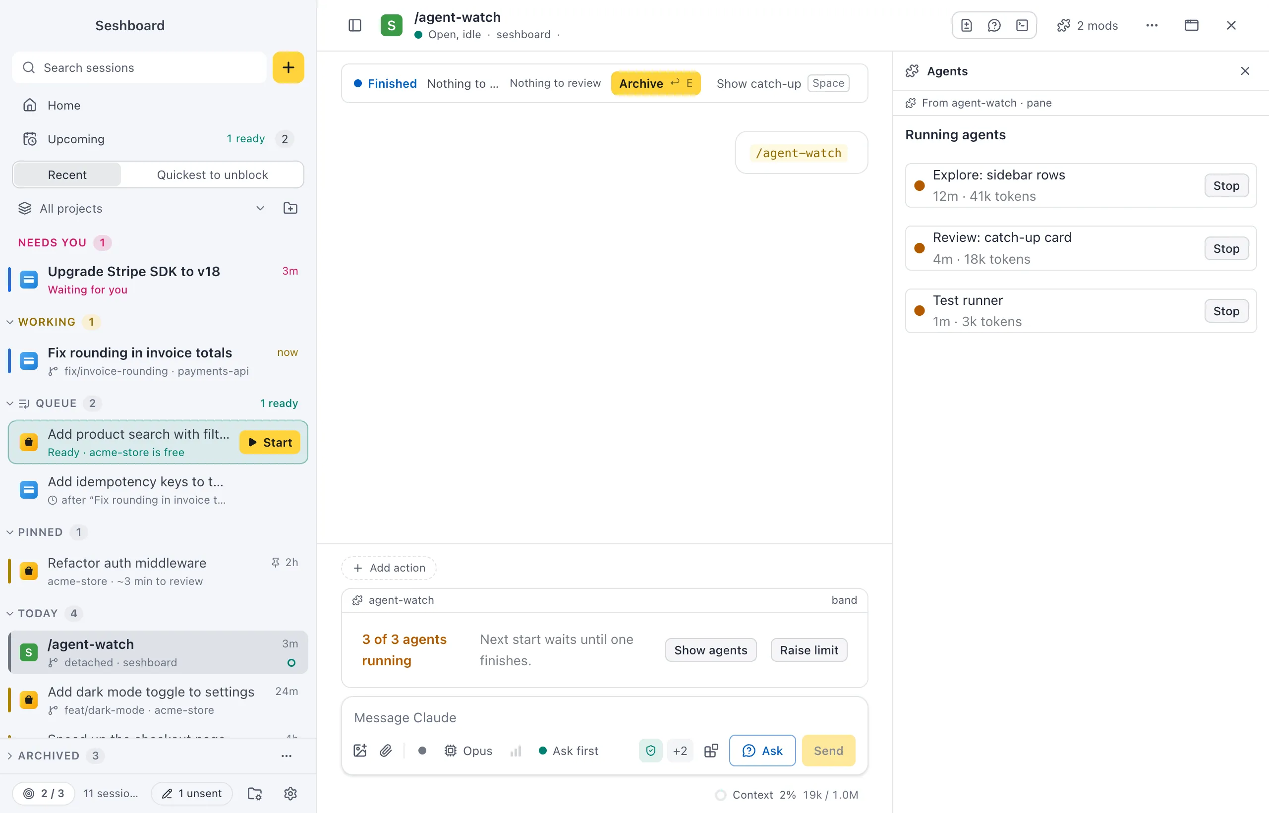 A session with two mods. Above the message box, a band from agent-watch says 3 of 3 agents running, with Show agents and Raise limit. On the right, the Agents pane from agent-watch lists three running agents, each with Stop. The header shows 2 mods
