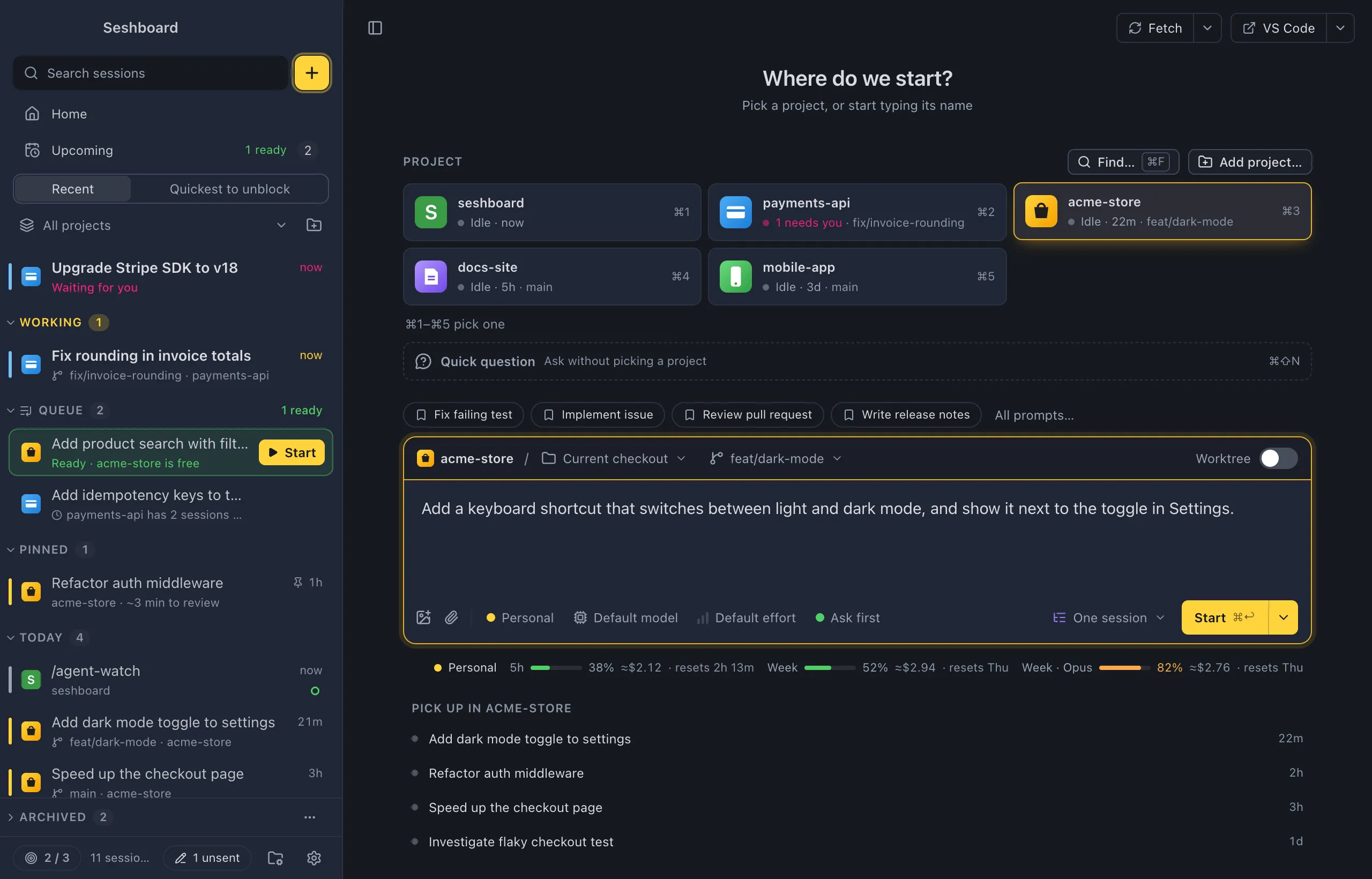 New session with a project picked, the choice between the current checkout and a new worktree, and a prompt typed in the message box with the profile, model, effort and mode chips under it