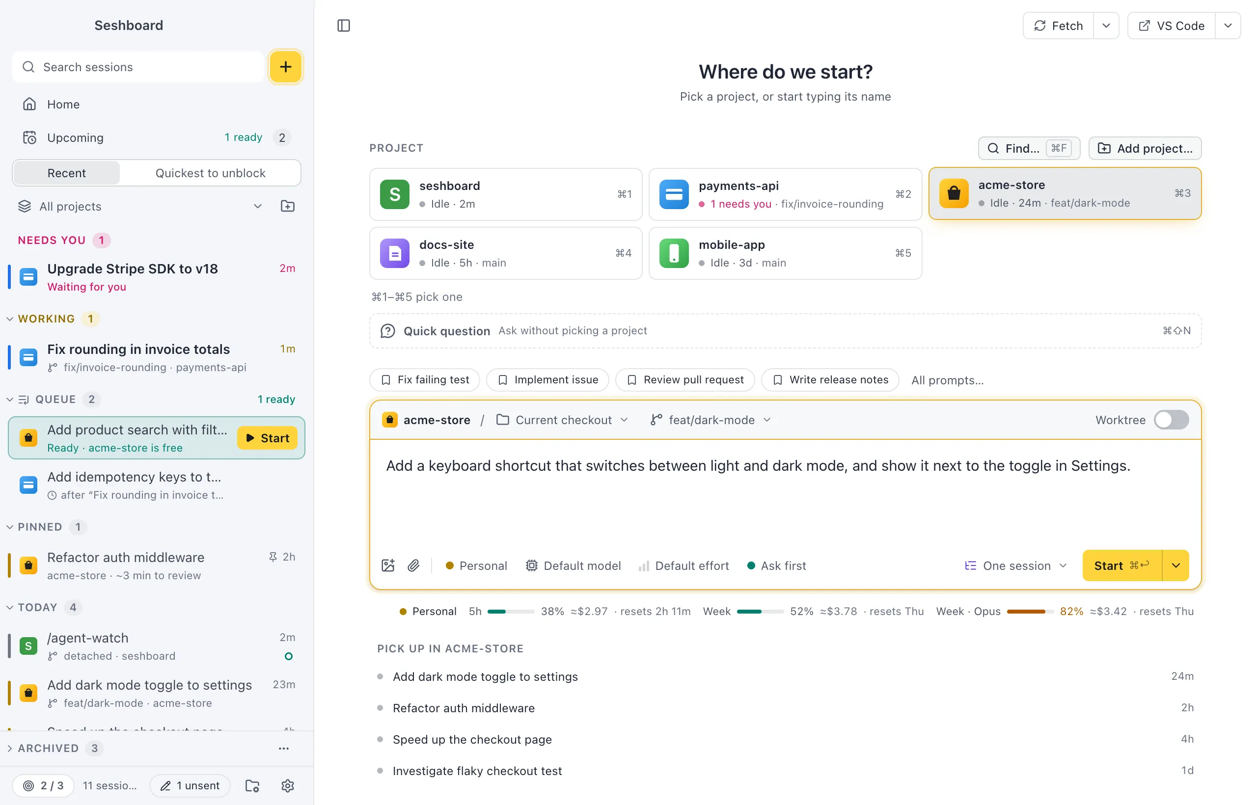 New session with a project picked, the choice between the current checkout and a new worktree, and a prompt typed in the message box with the profile, model, effort and mode chips under it