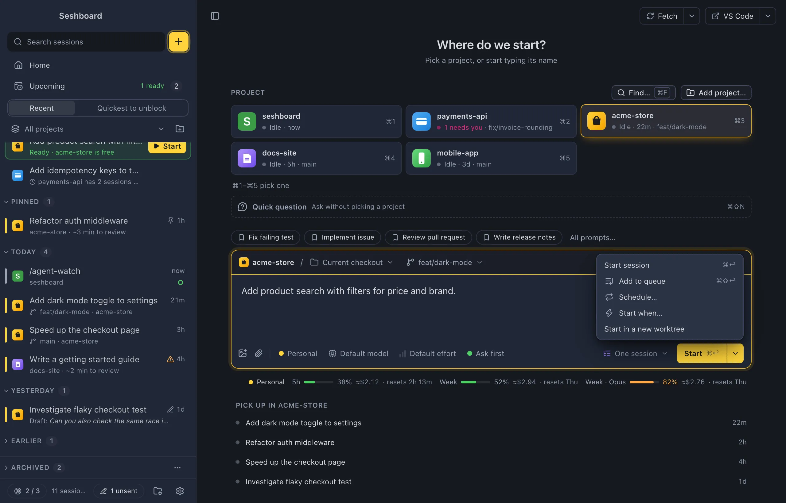 New session with New worktree chosen as the route: the strip shows the project, New worktree and the branch it starts from, and the menu shows the worktree's name field