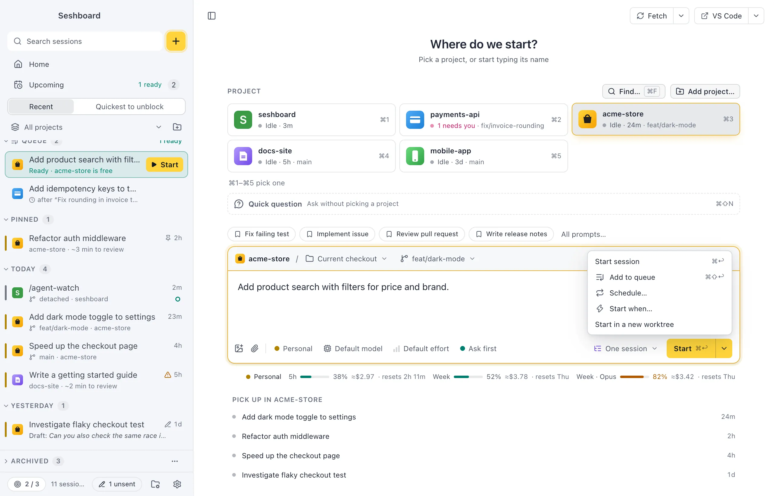 New session with New worktree chosen as the route: the strip shows the project, New worktree and the branch it starts from, and the menu shows the worktree's name field