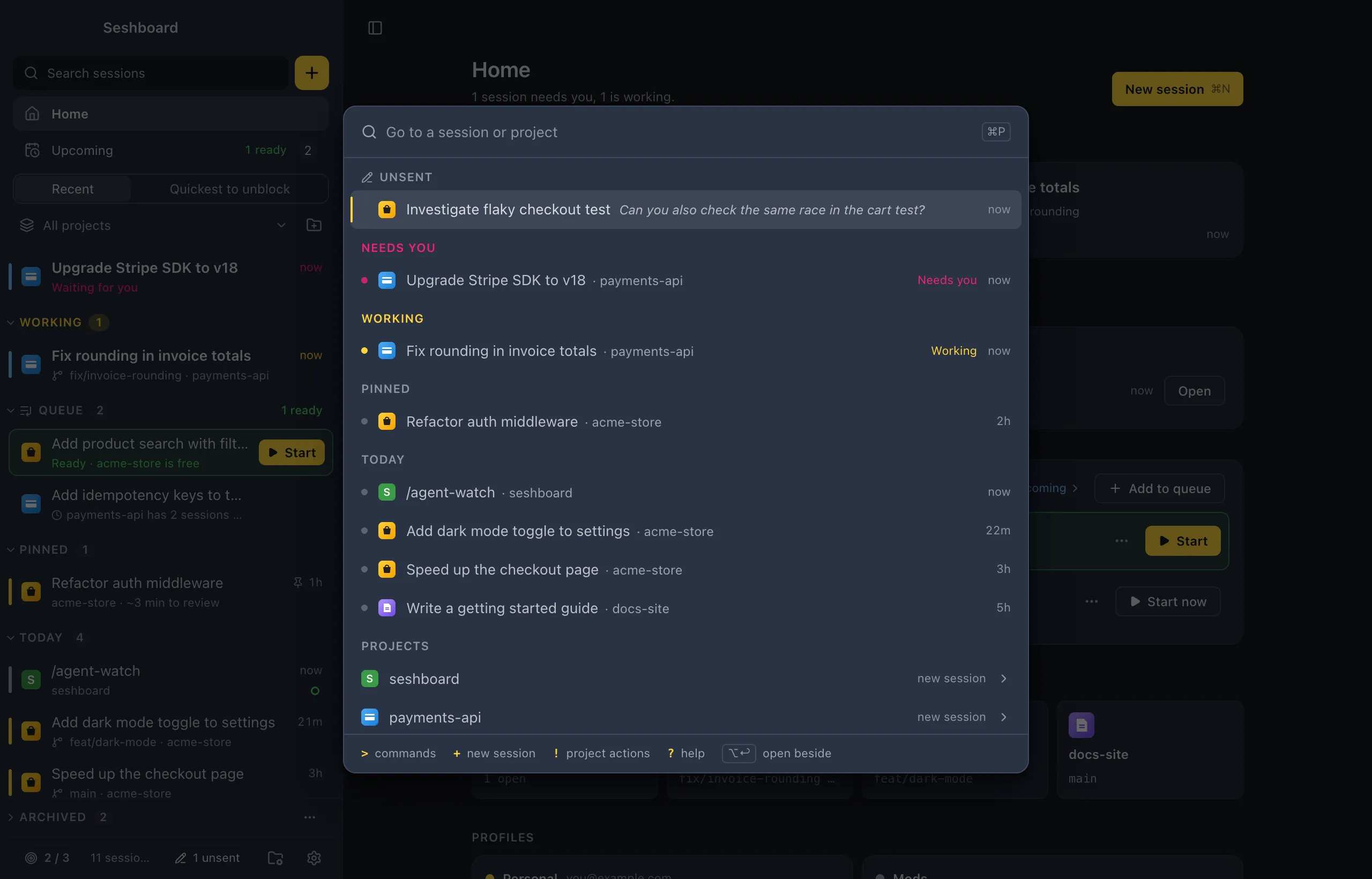 The palette in Go to mode: sessions grouped as in the sidebar, with Needs you and Working on top