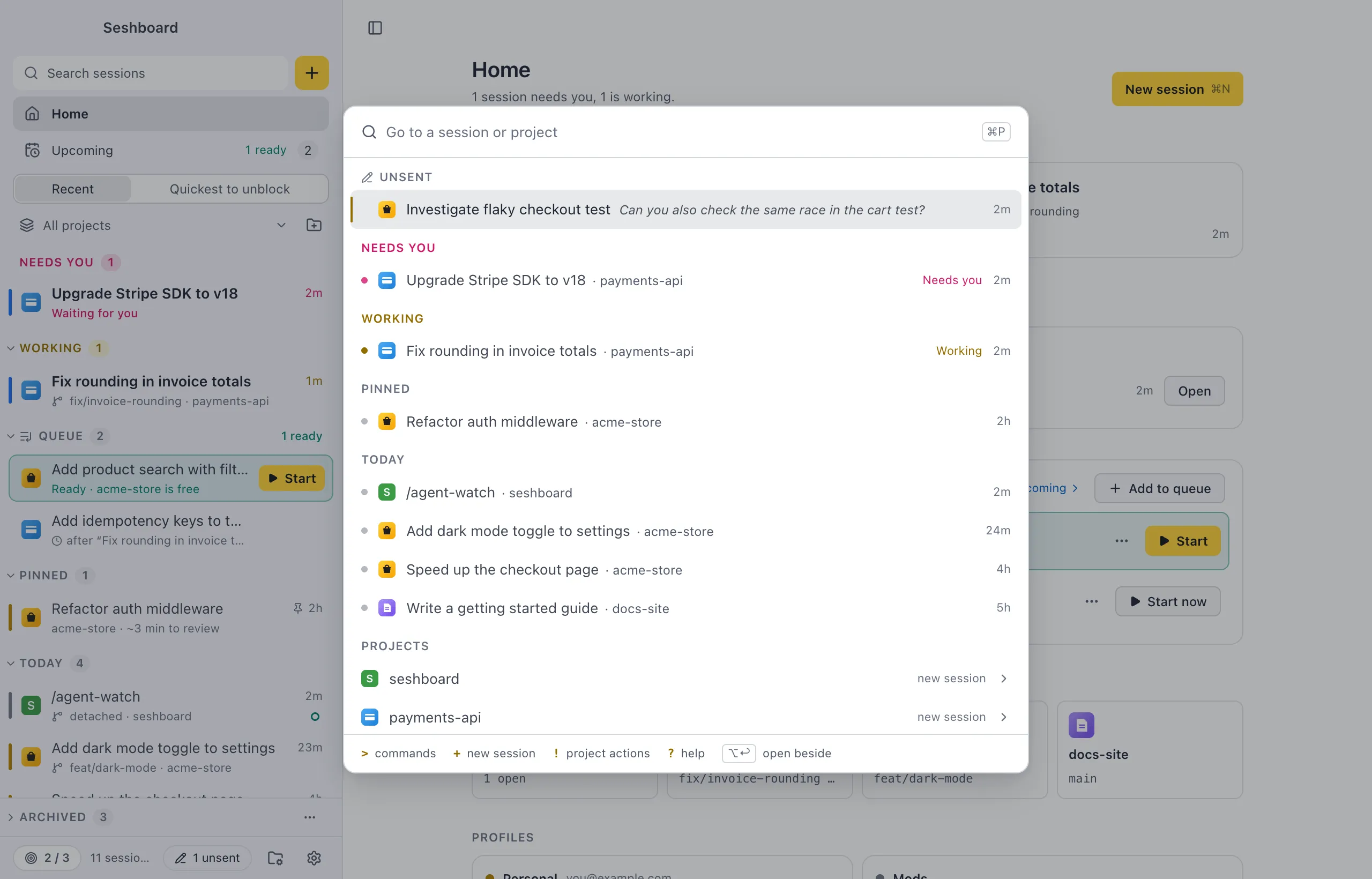 The palette in Go to mode: sessions grouped as in the sidebar, with Needs you and Working on top