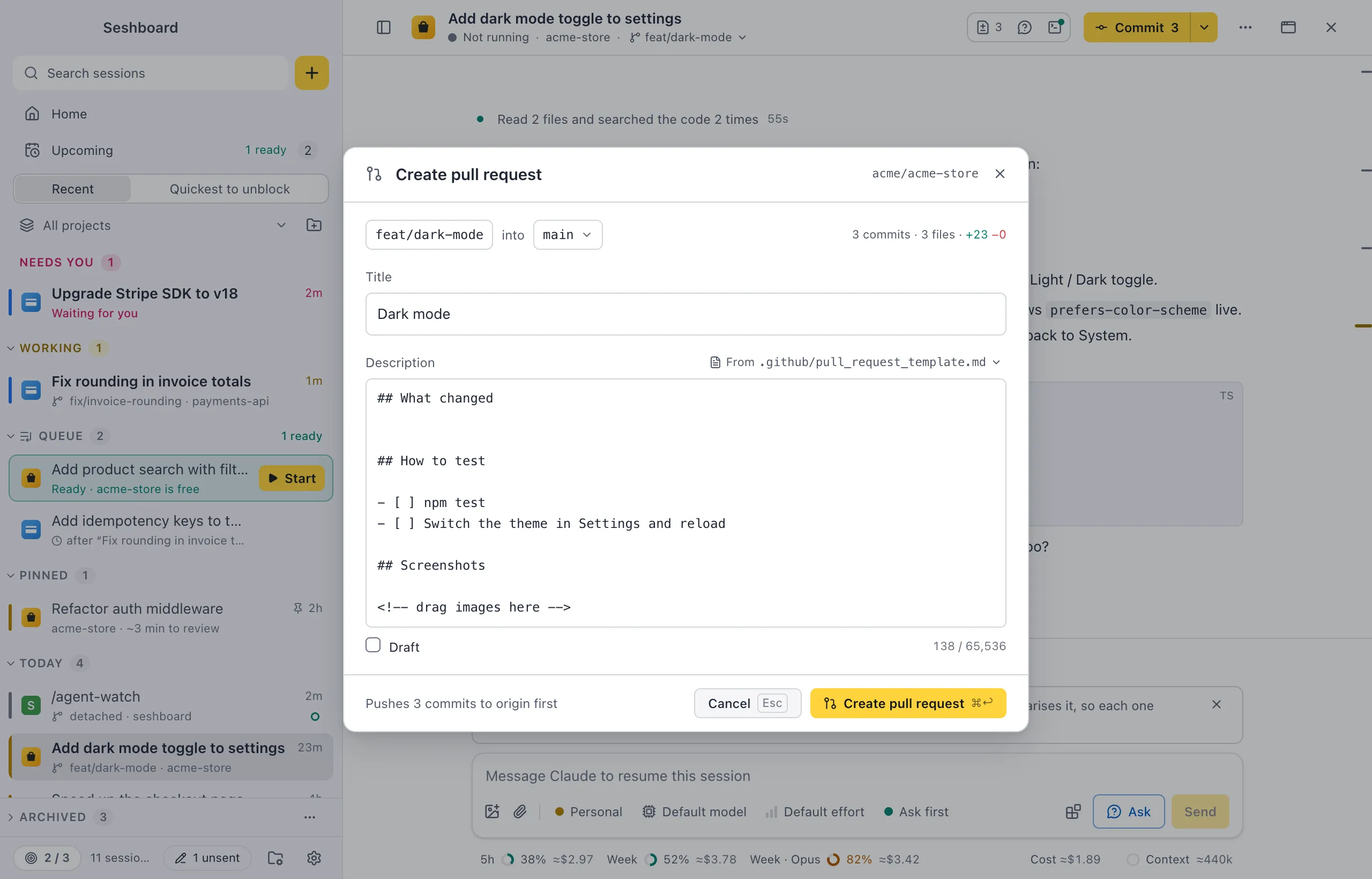 The Create pull request dialog over a session: feat/dark-mode into main with 3 commits and 3 files, the title Dark mode, the description from .github/pull_request_template.md, Draft, the counter 138 / 65,536 and Pushes 3 commits to origin first next to Cancel and Create pull request