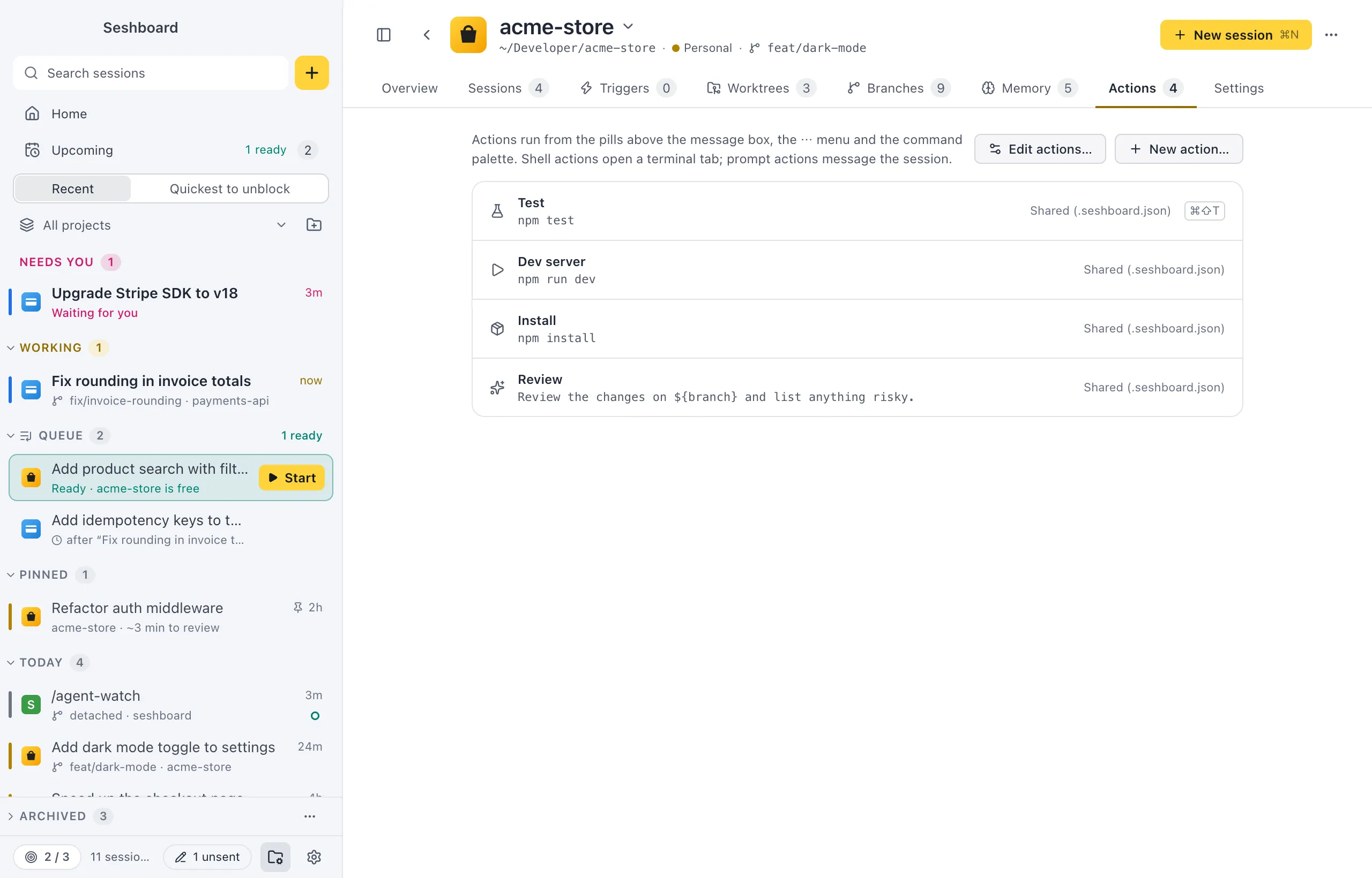 The Actions tab of acme-store: a list of actions such as Test, Dev server, Install and Review, each with its icon, command, where it is saved and its shortcut, with Edit actions and New action buttons