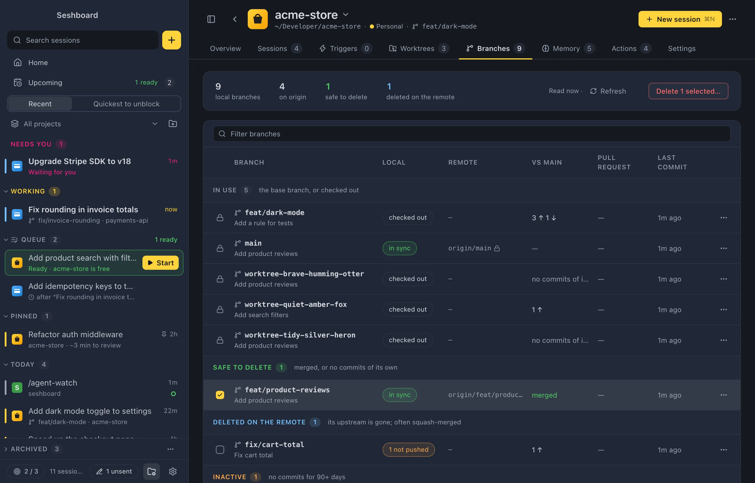 The Branches tab of acme-store: a summary strip with local branches, branches on origin, safe to delete and deleted on the remote, then a filter field and a table grouped into In use, Safe to delete, Deleted on the remote and Active
