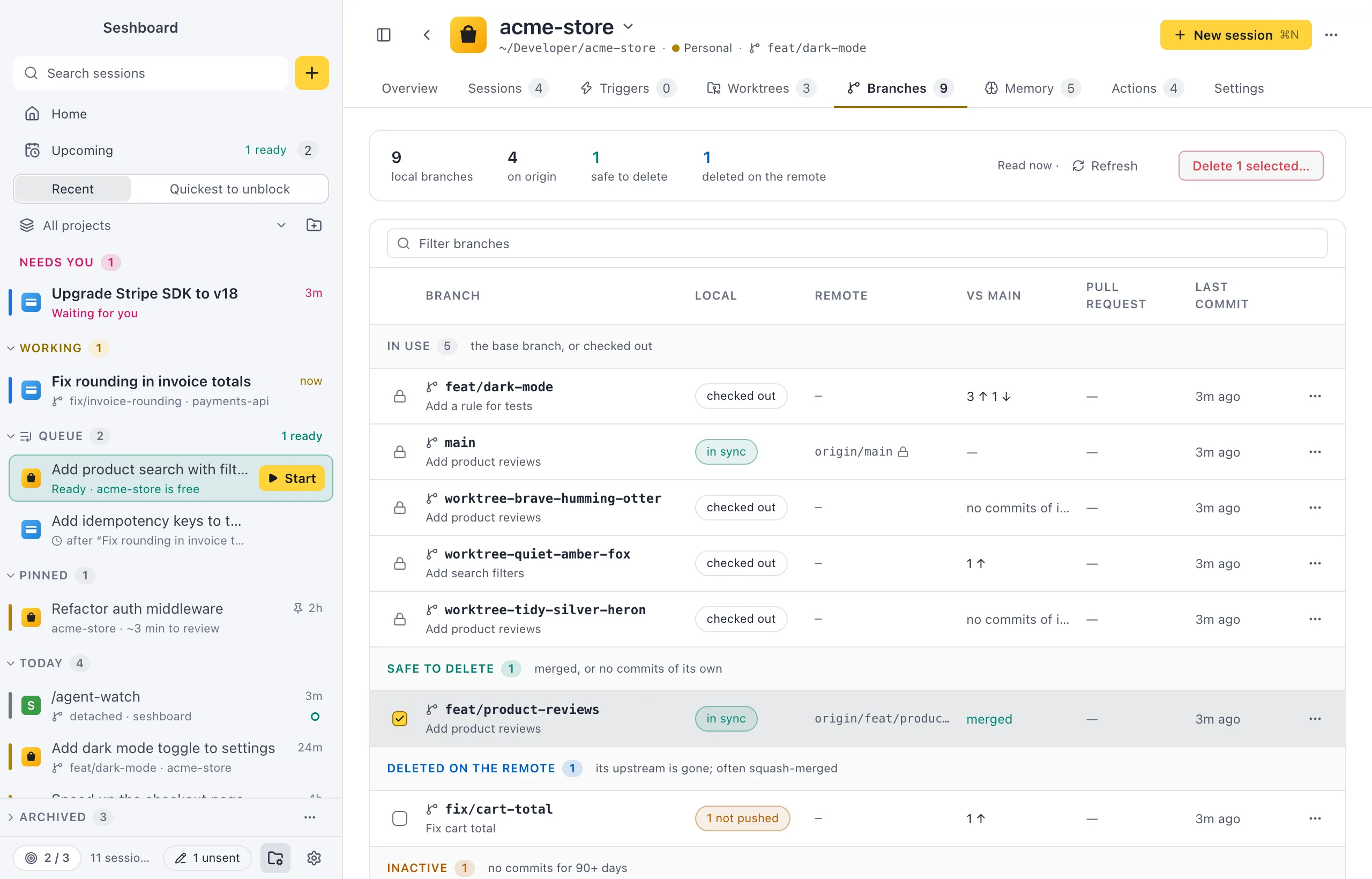 The Branches tab of acme-store: a summary strip with local branches, branches on origin, safe to delete and deleted on the remote, then a filter field and a table grouped into In use, Safe to delete, Deleted on the remote and Active