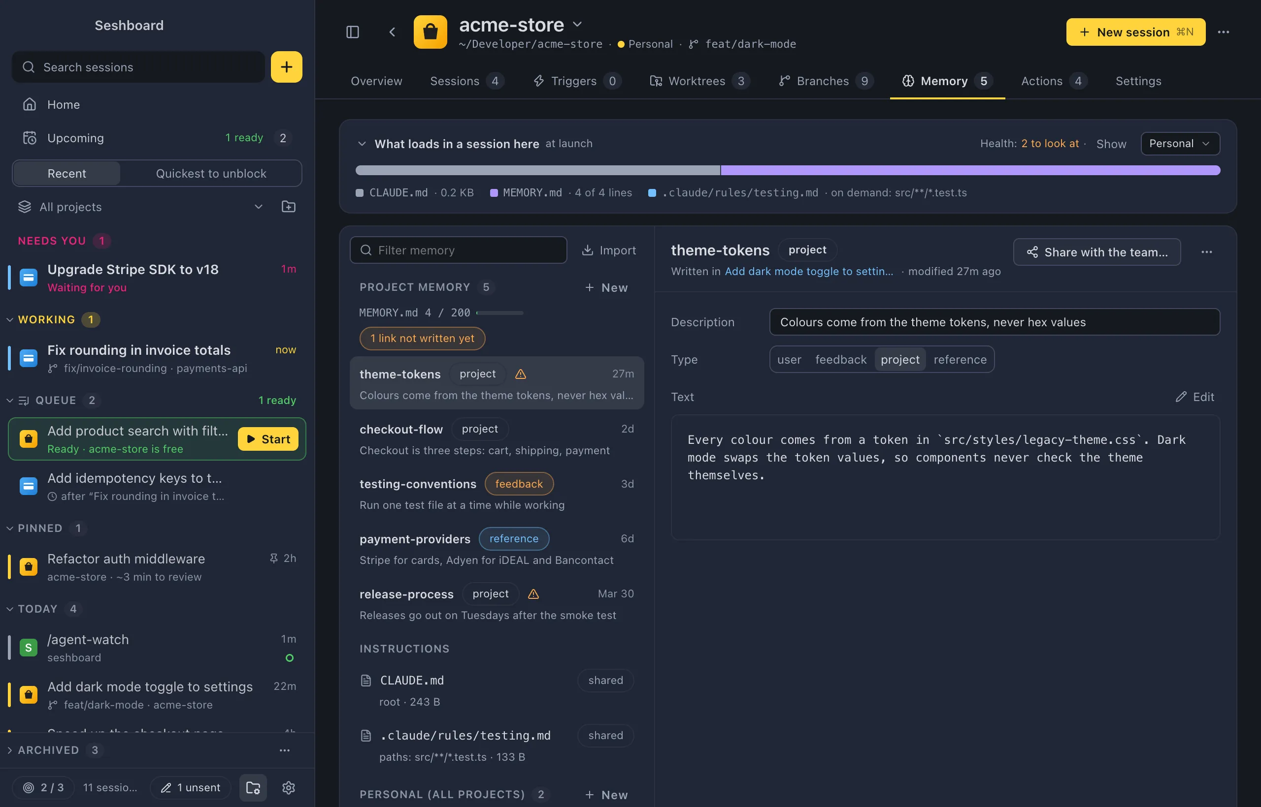 A project's Memory tab: what loads in a session at the top, the project's memories with their type, the instructions the team shares, and personal memory
