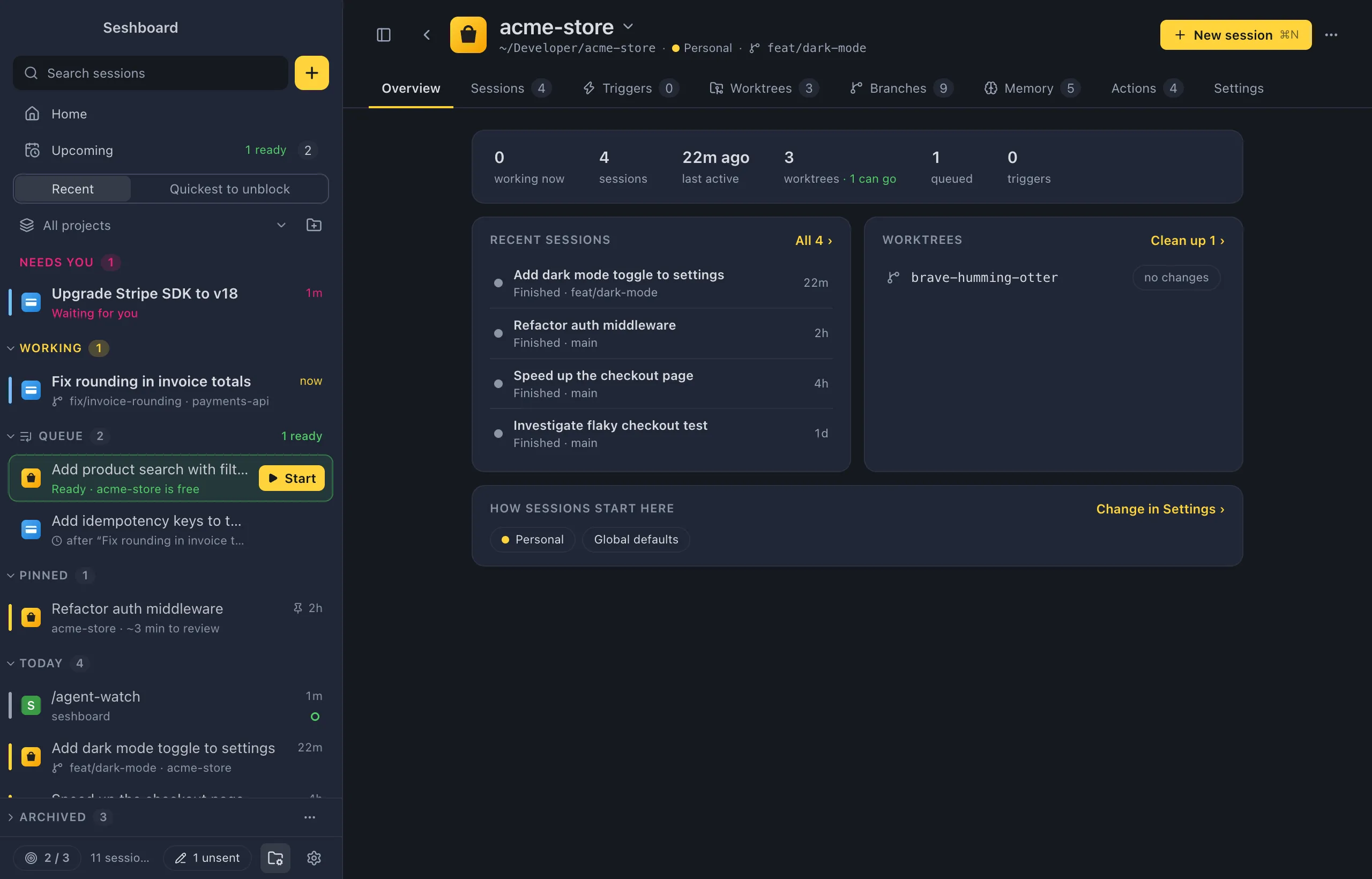 A project page for acme-store: the project's icon and name with its switcher, its folder and branch, the previous and next buttons, New session and the ⋯ menu, and the tabs Overview, Sessions, Triggers, Worktrees, Branches, Memory, Actions and Settings