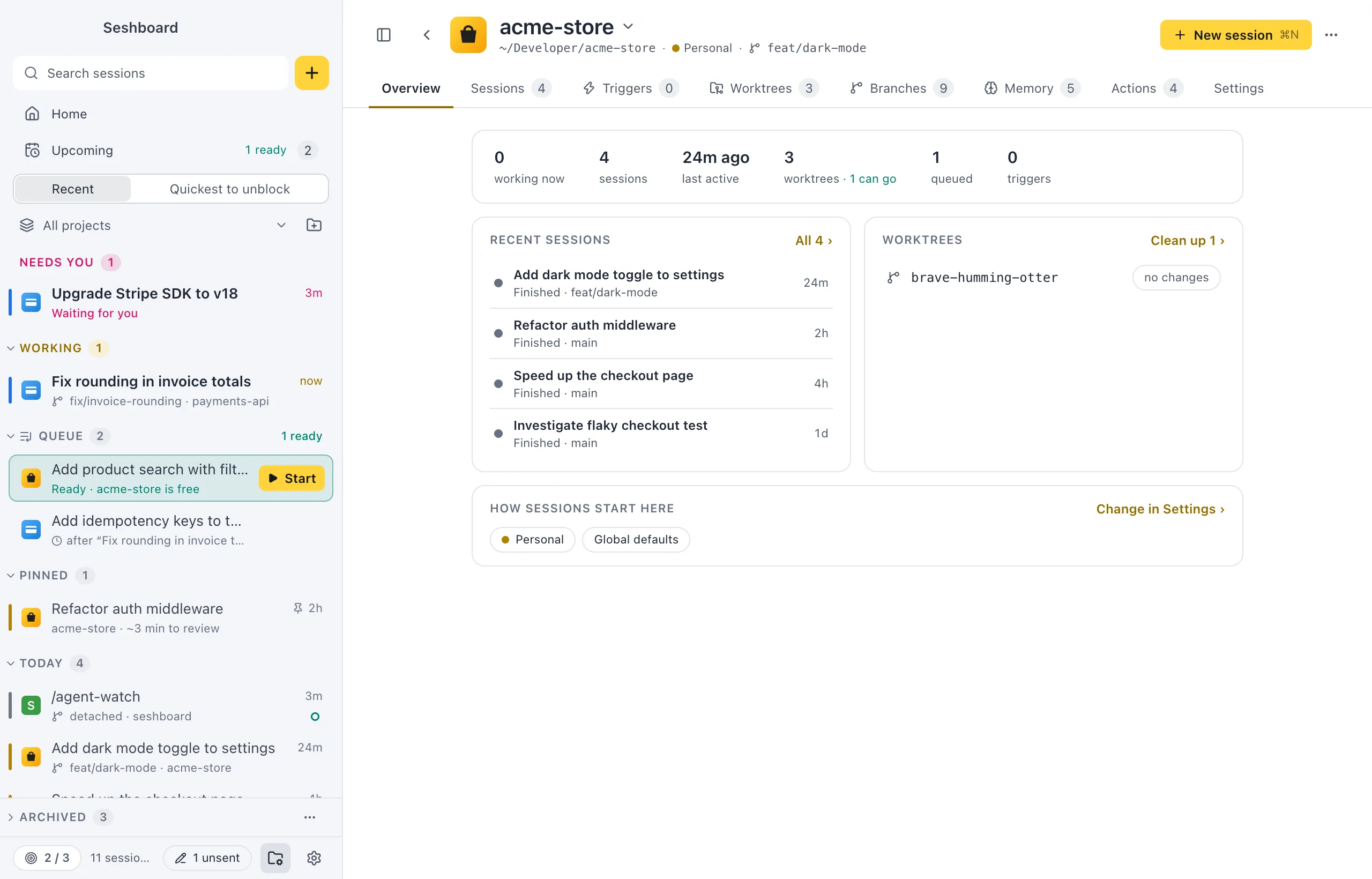 A project page for acme-store: the project's icon and name with its switcher, its folder and branch, the previous and next buttons, New session and the ⋯ menu, and the tabs Overview, Sessions, Triggers, Worktrees, Branches, Memory, Actions and Settings