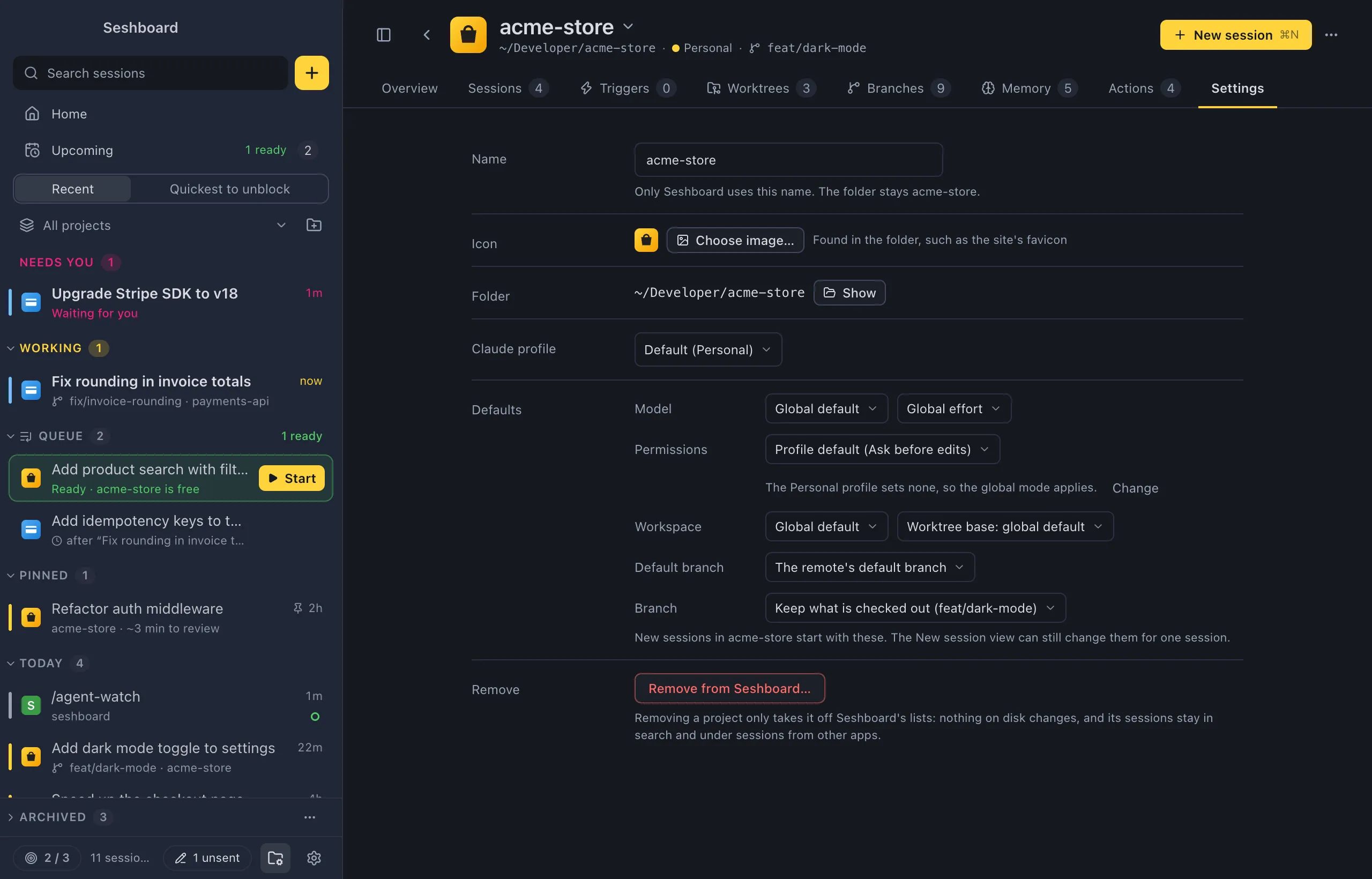 The Settings tab of acme-store: Name, Icon with Choose image, Folder with Show, Claude profile, the defaults (Model and Effort, Permissions, Workspace with the worktree base, Default branch), and Remove from Seshboard