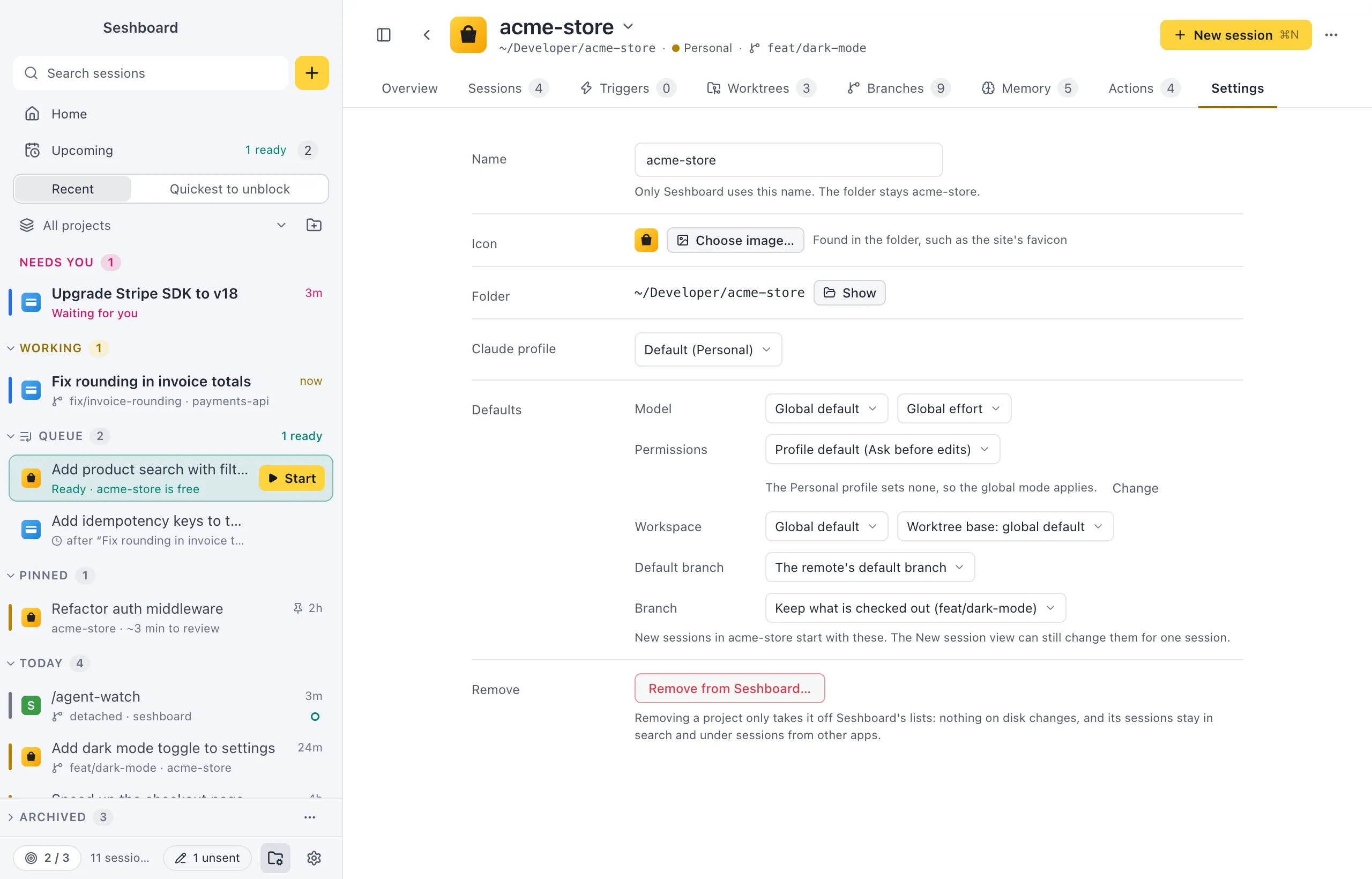 The Settings tab of acme-store: Name, Icon with Choose image, Folder with Show, Claude profile, the defaults (Model and Effort, Permissions, Workspace with the worktree base, Default branch), and Remove from Seshboard