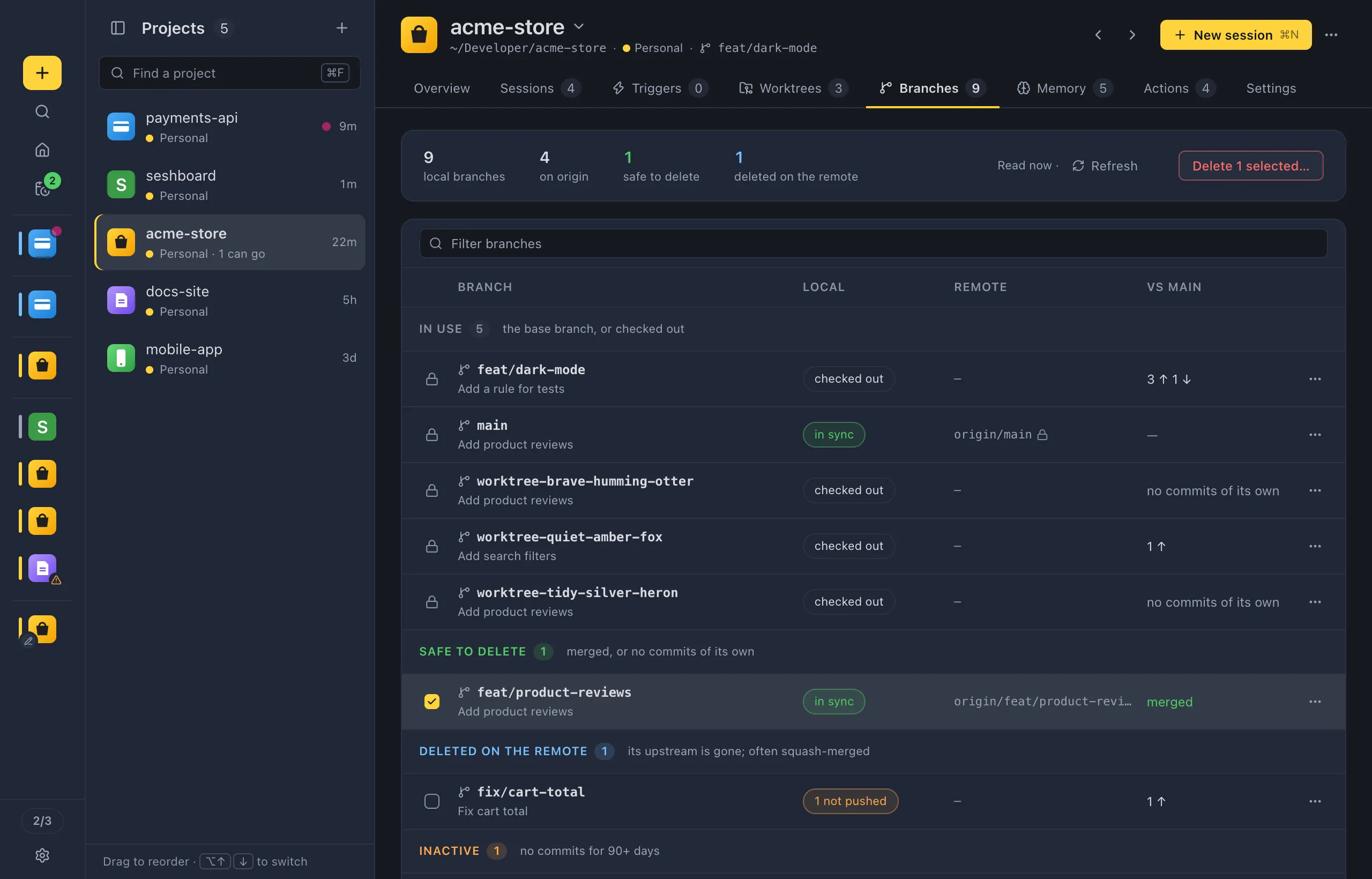 The Projects view: the list of projects on the left, each with its icon, name, profile and worktree hint, and the open project's page on the right with its tabs