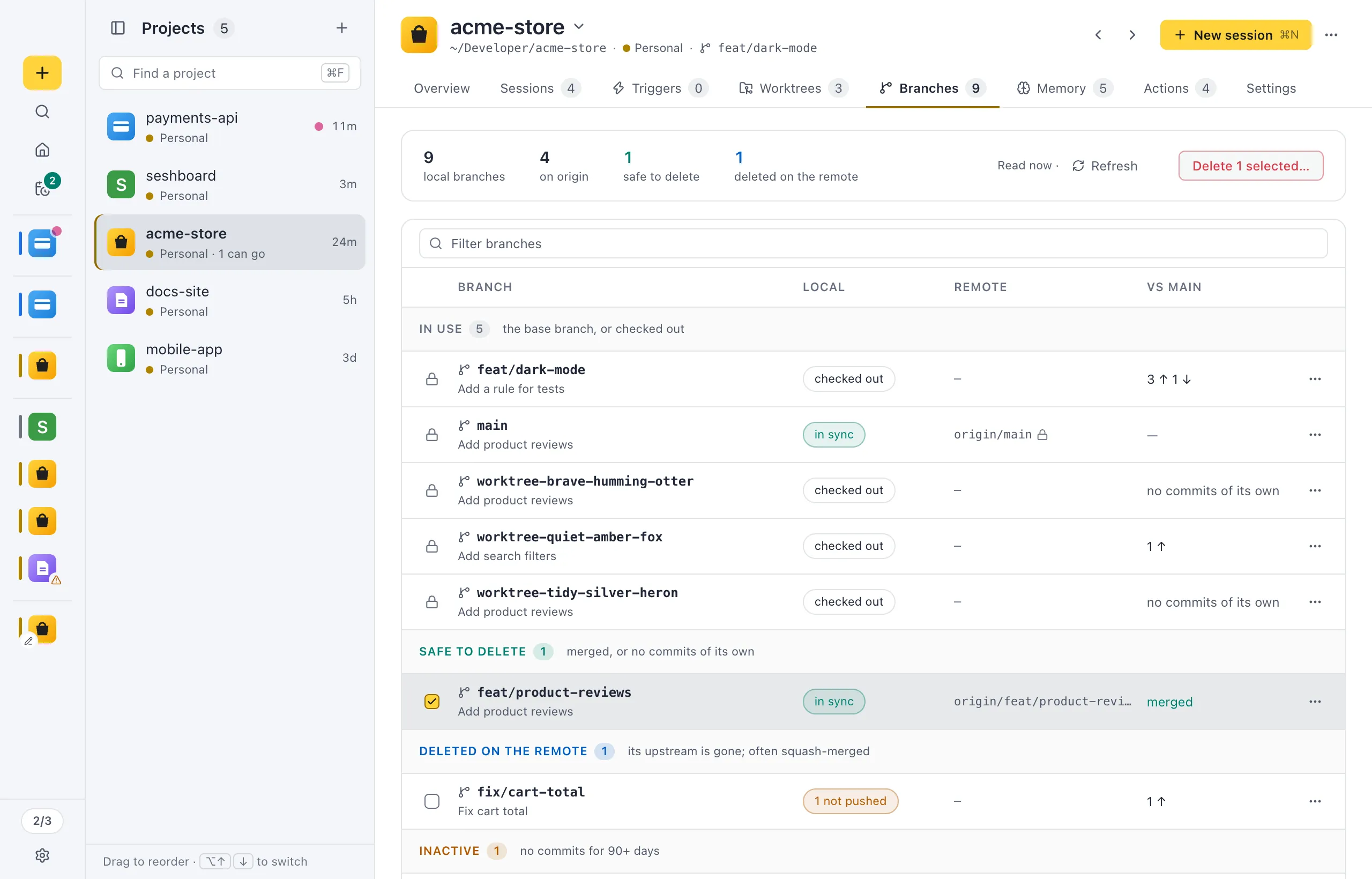 The Projects view: the list of projects on the left, each with its icon, name, profile and worktree hint, and the open project's page on the right with its tabs