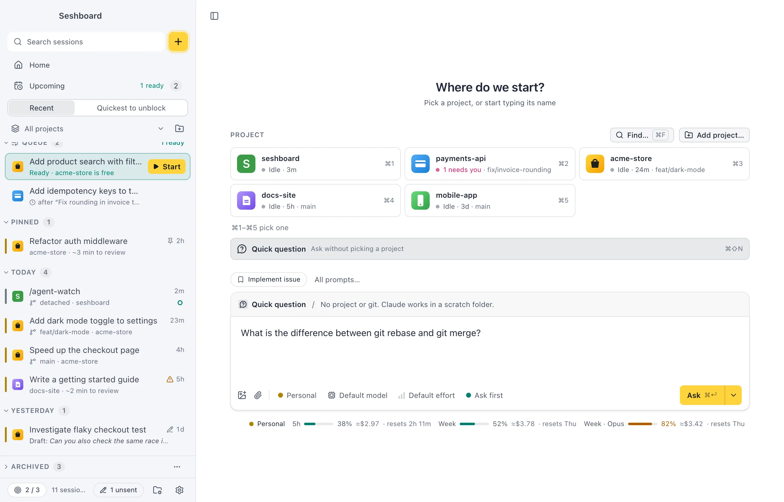 New session in Quick question mode: the strip above the message box says Quick question and No project or git. Claude works in a scratch folder, and the message box says Ask Claude anything