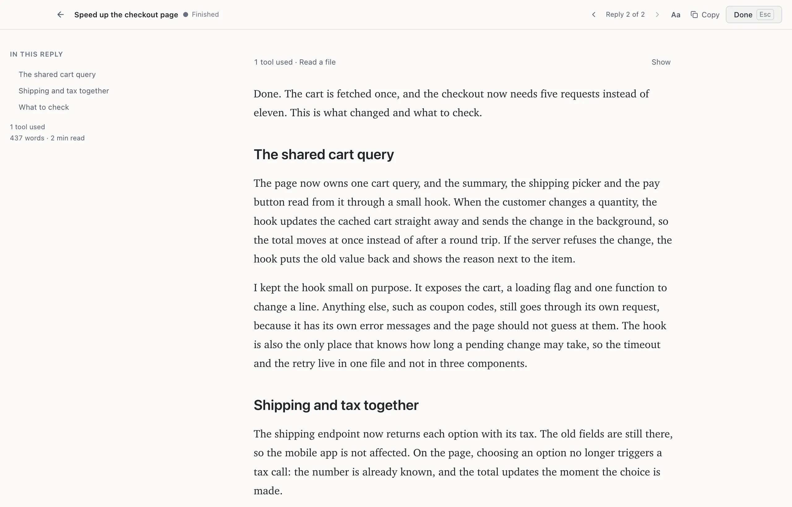 Reading mode: a long reply on its own in the full window, with the In this reply outline of its headings on the side