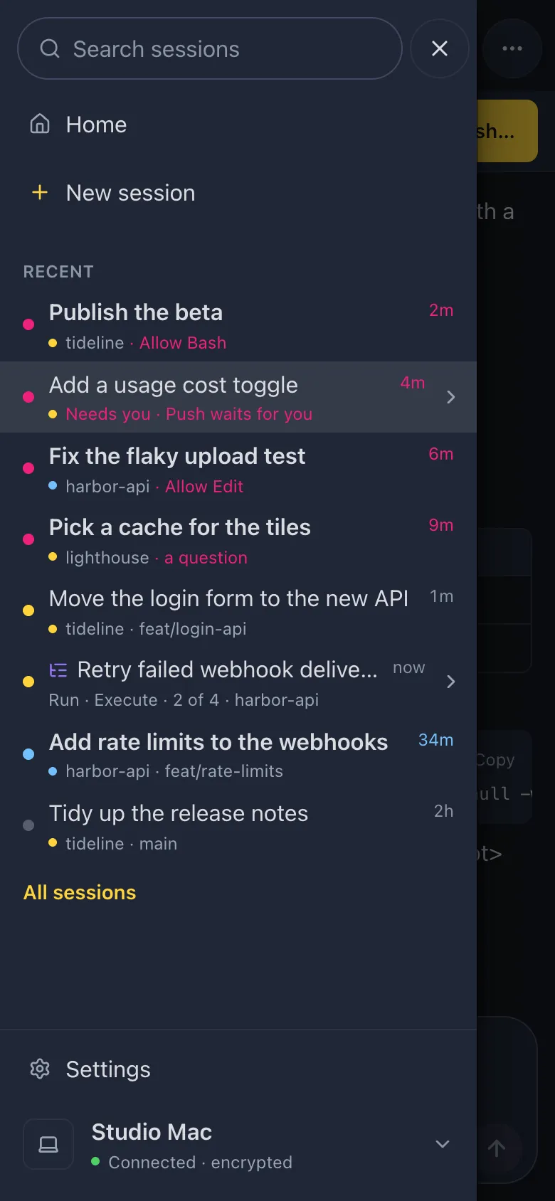 The remote app on a phone with the sessions drawer open