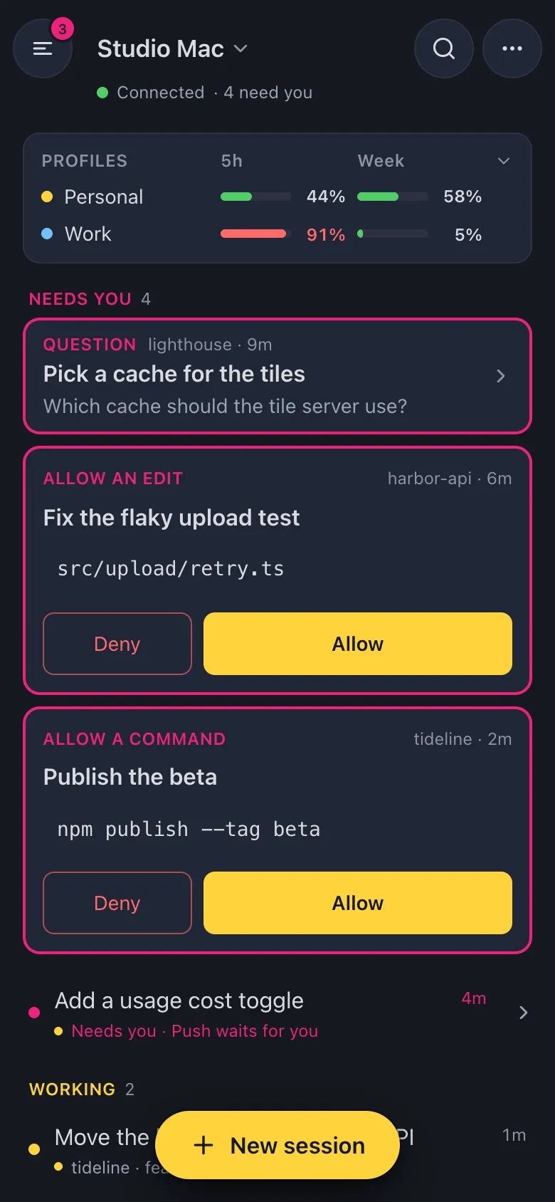 The remote app on a phone: what needs you, what is working, and the usage of every profile