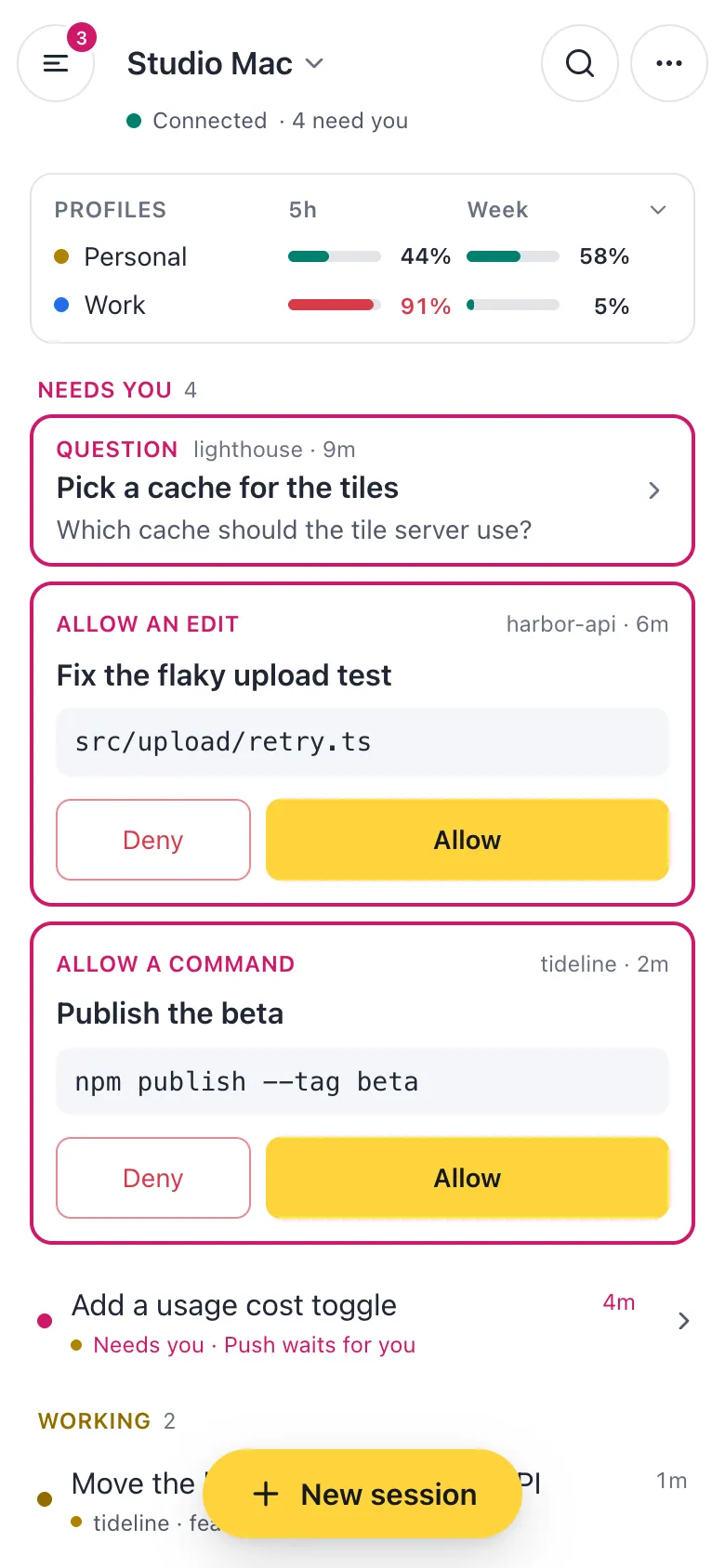 The remote app on a phone: what needs you, what is working, and the usage of every profile