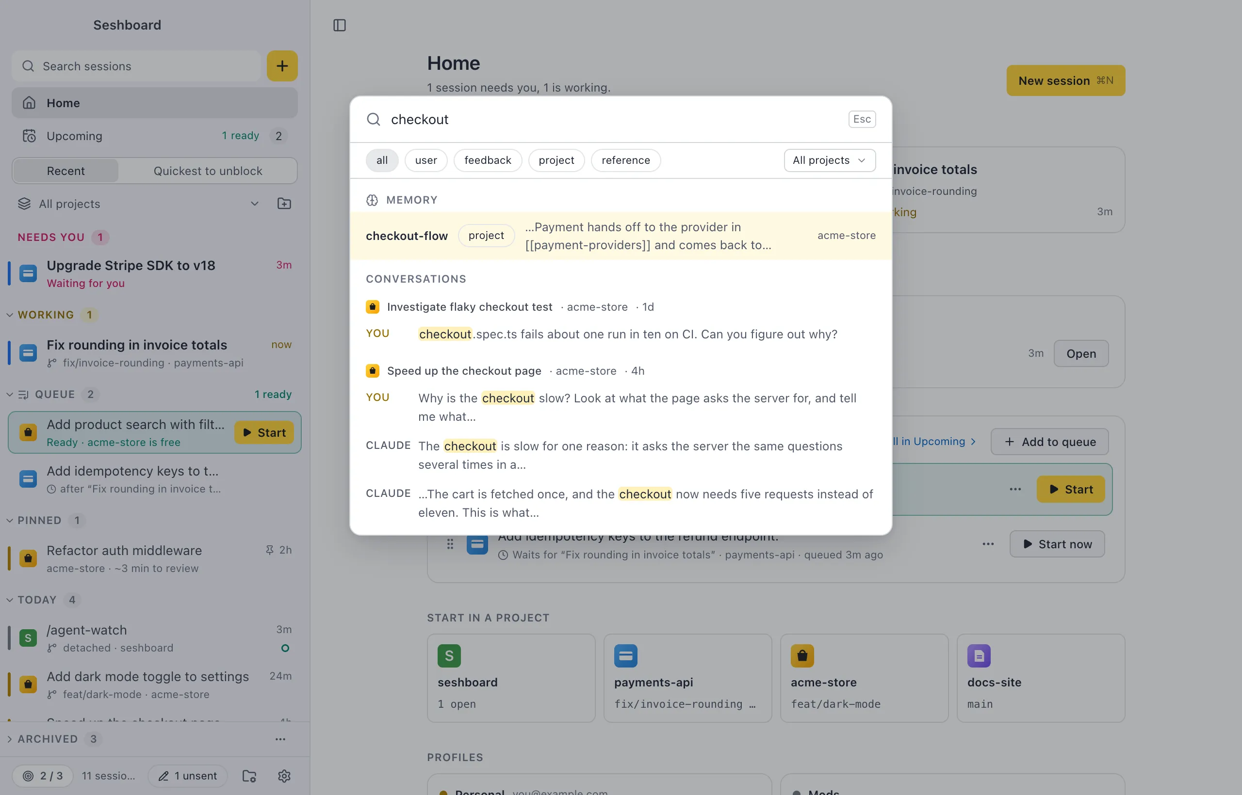 Search with the Memory group of results above the conversations: each memory with its type and project, and chips for all, user, feedback, project and reference