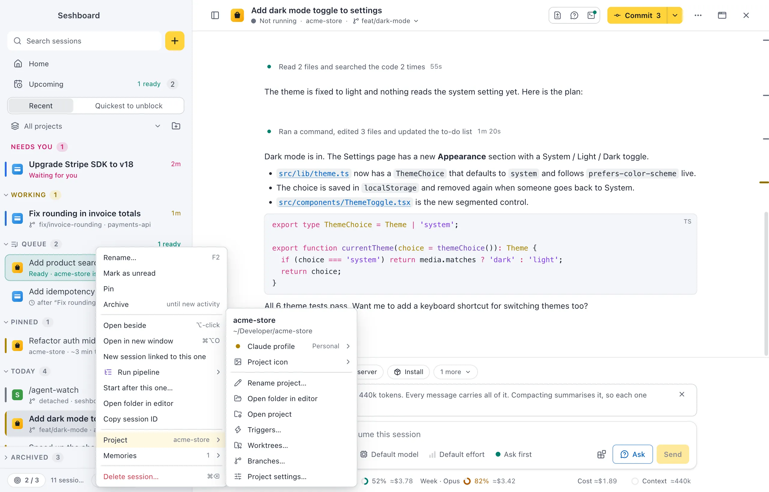 A session's menu in the sidebar with its Project submenu open: the project's name and folder, Claude profile and Project icon, then Rename project…, Open folder in editor, Open project, Worktrees…, Branches… and Project settings…