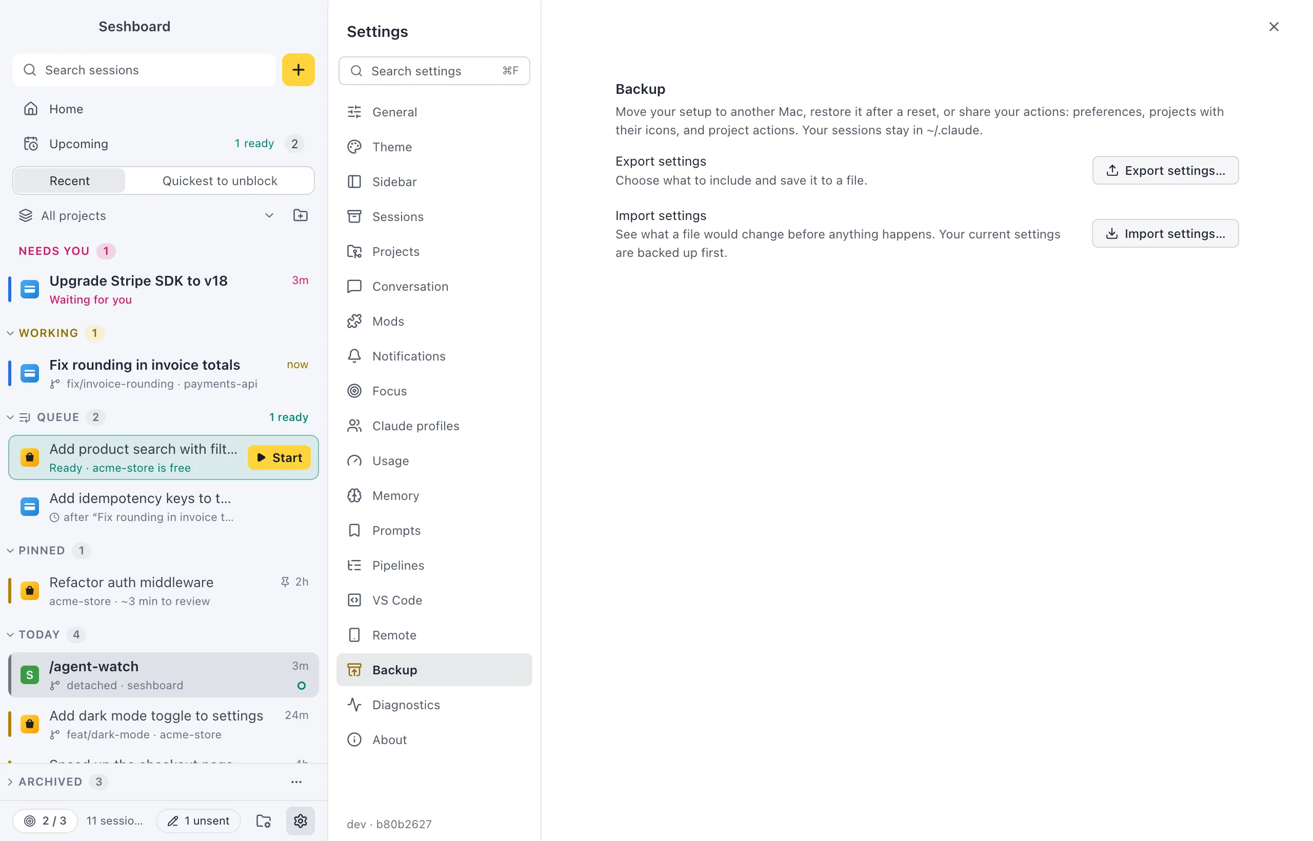 Settings on Backup: Export settings with an Export settings… button, and Import settings with an Import settings… button