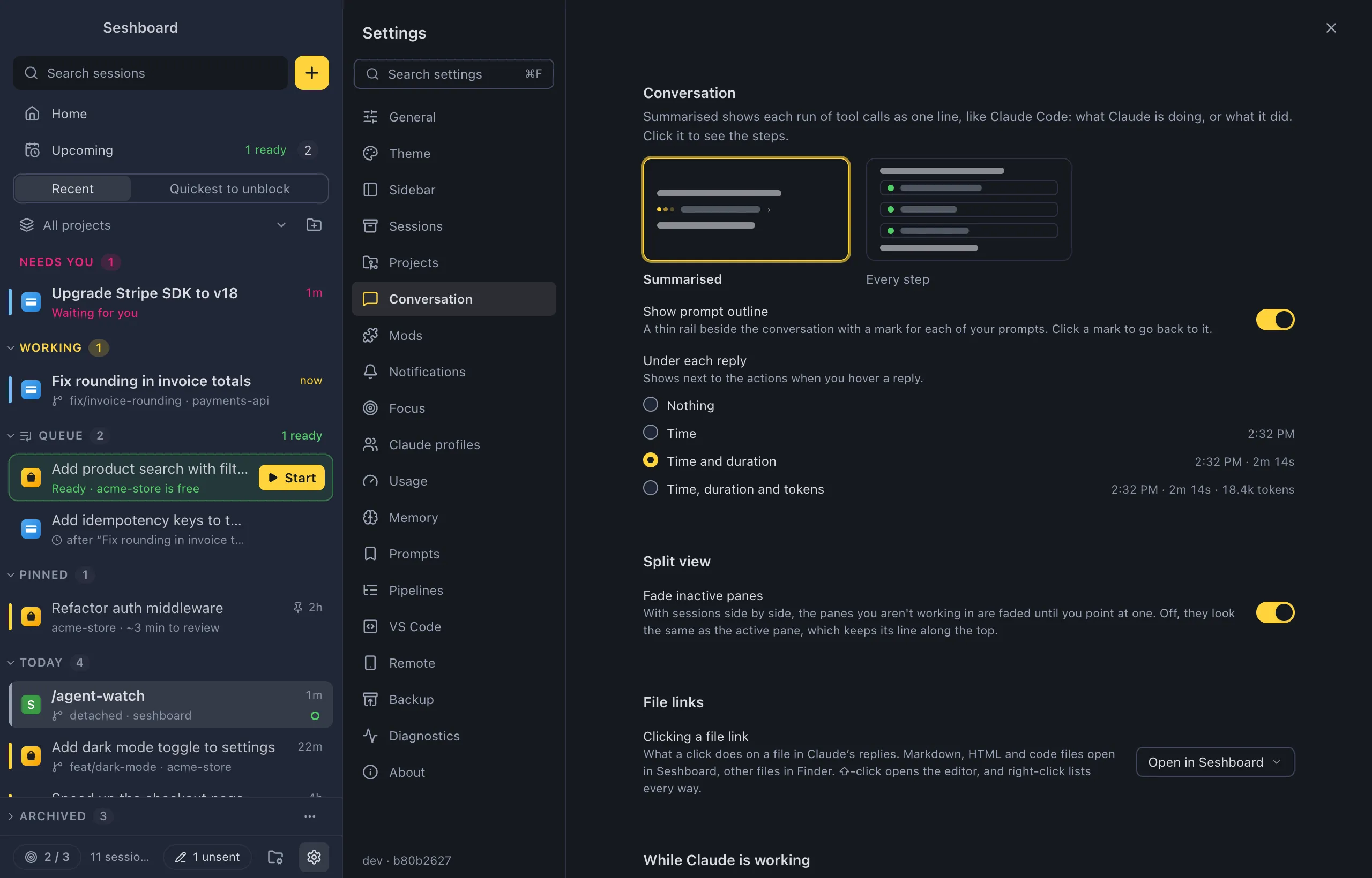Settings on Conversation: two previews, Summarised and Every step