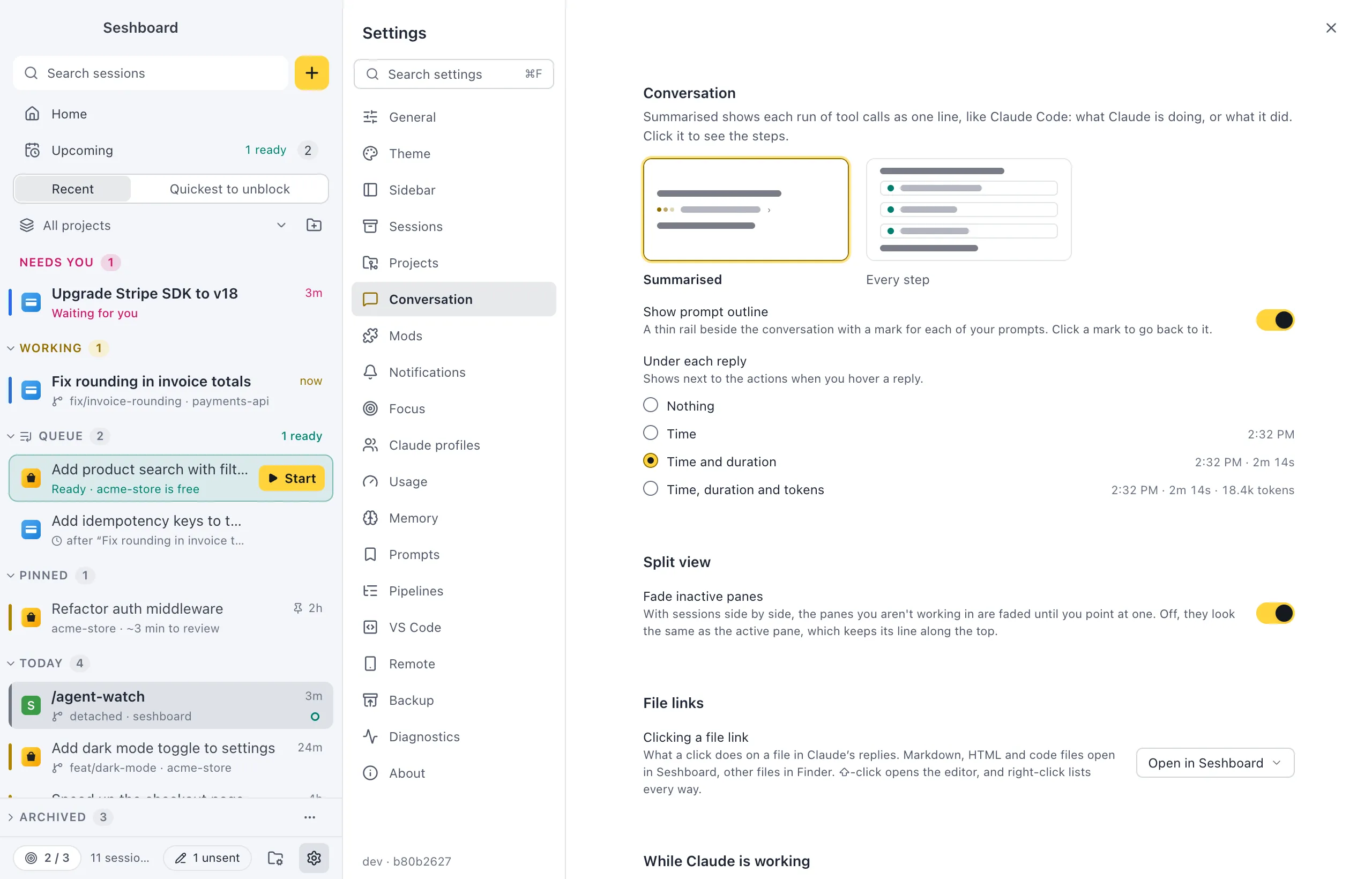 Settings on Conversation: two previews, Summarised and Every step