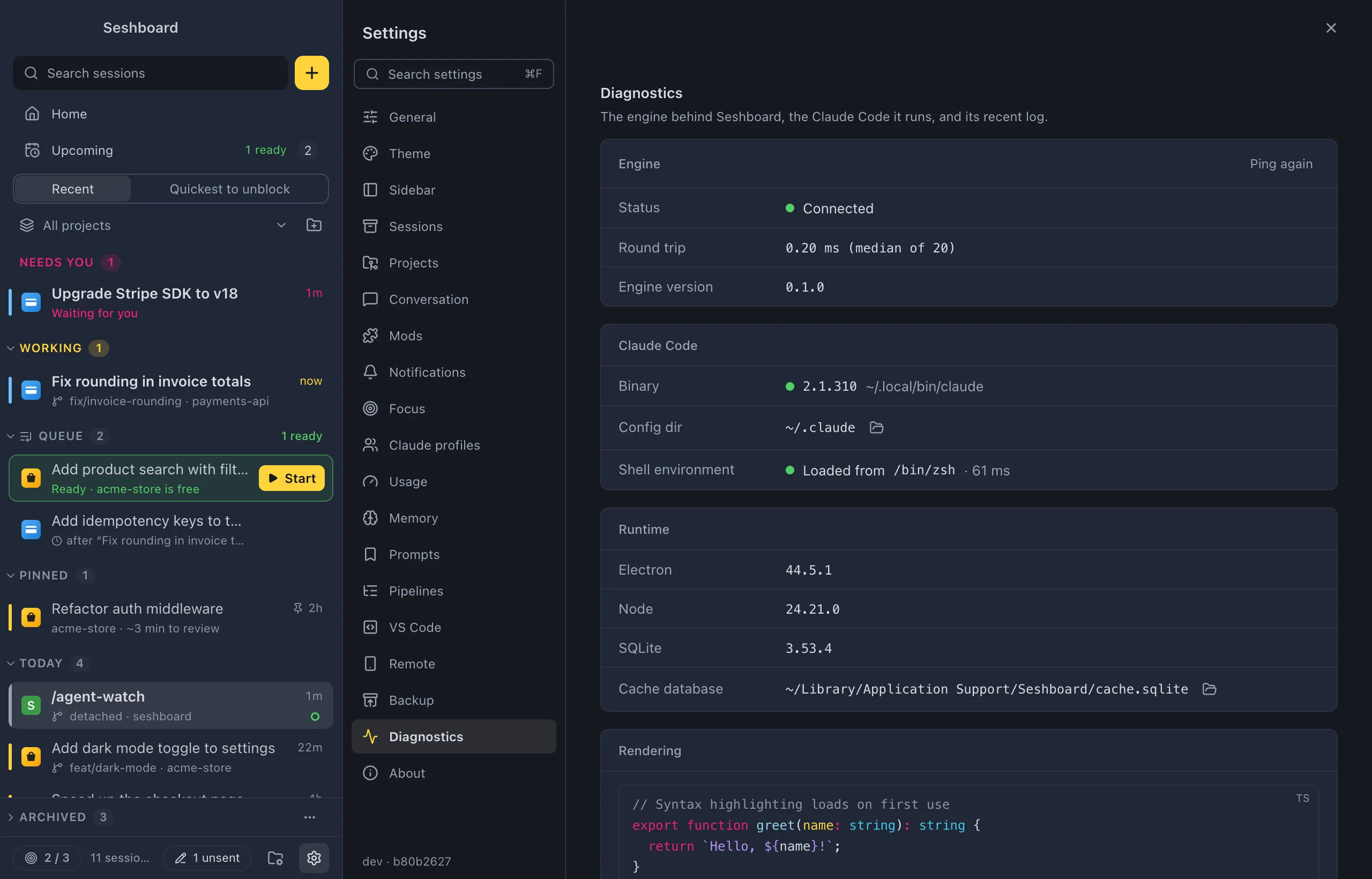 Settings on Diagnostics: the Engine, Claude Code and Runtime cards, a Rendering sample and the Engine log