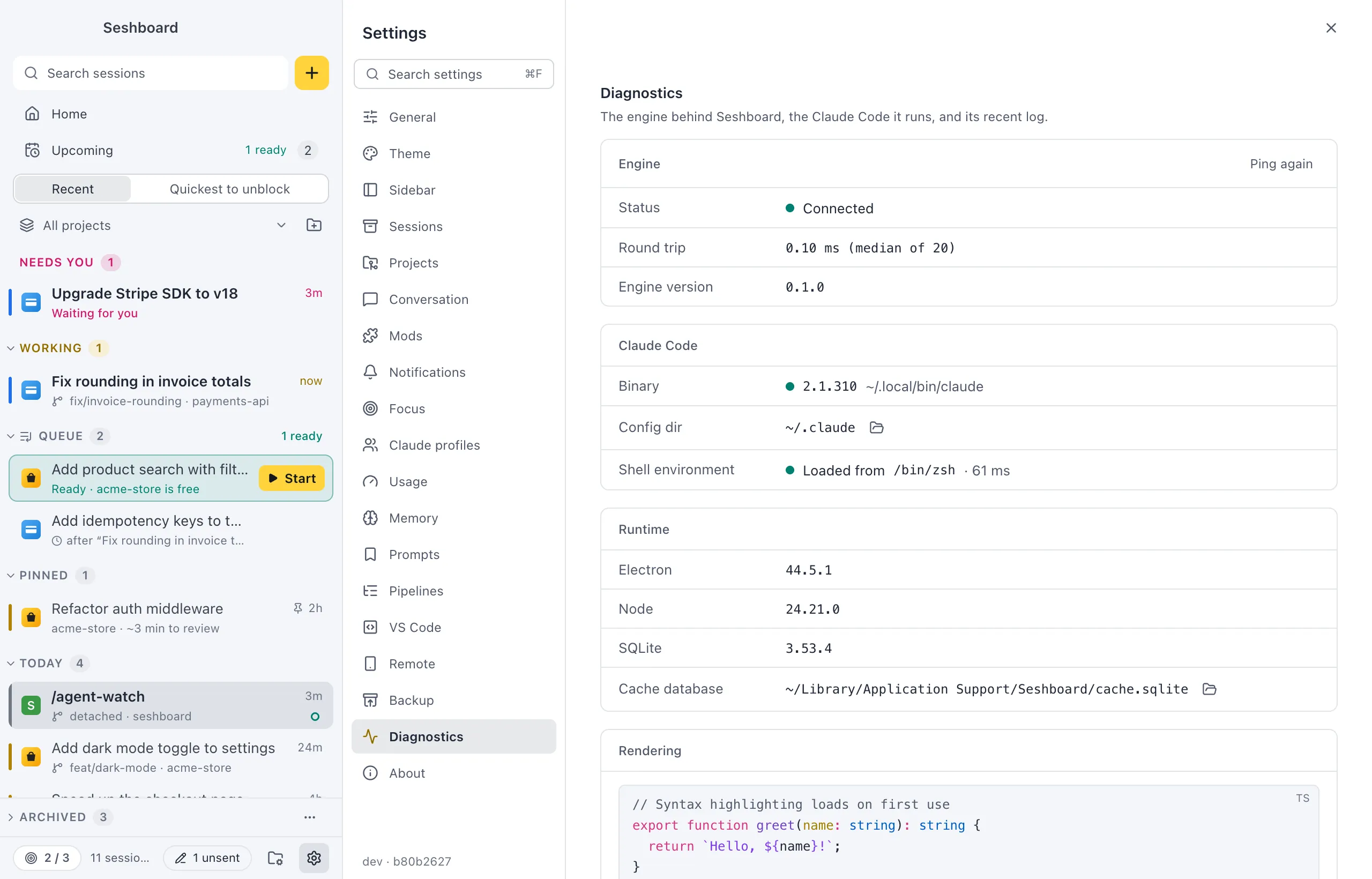 Settings on Diagnostics: the Engine, Claude Code and Runtime cards, a Rendering sample and the Engine log