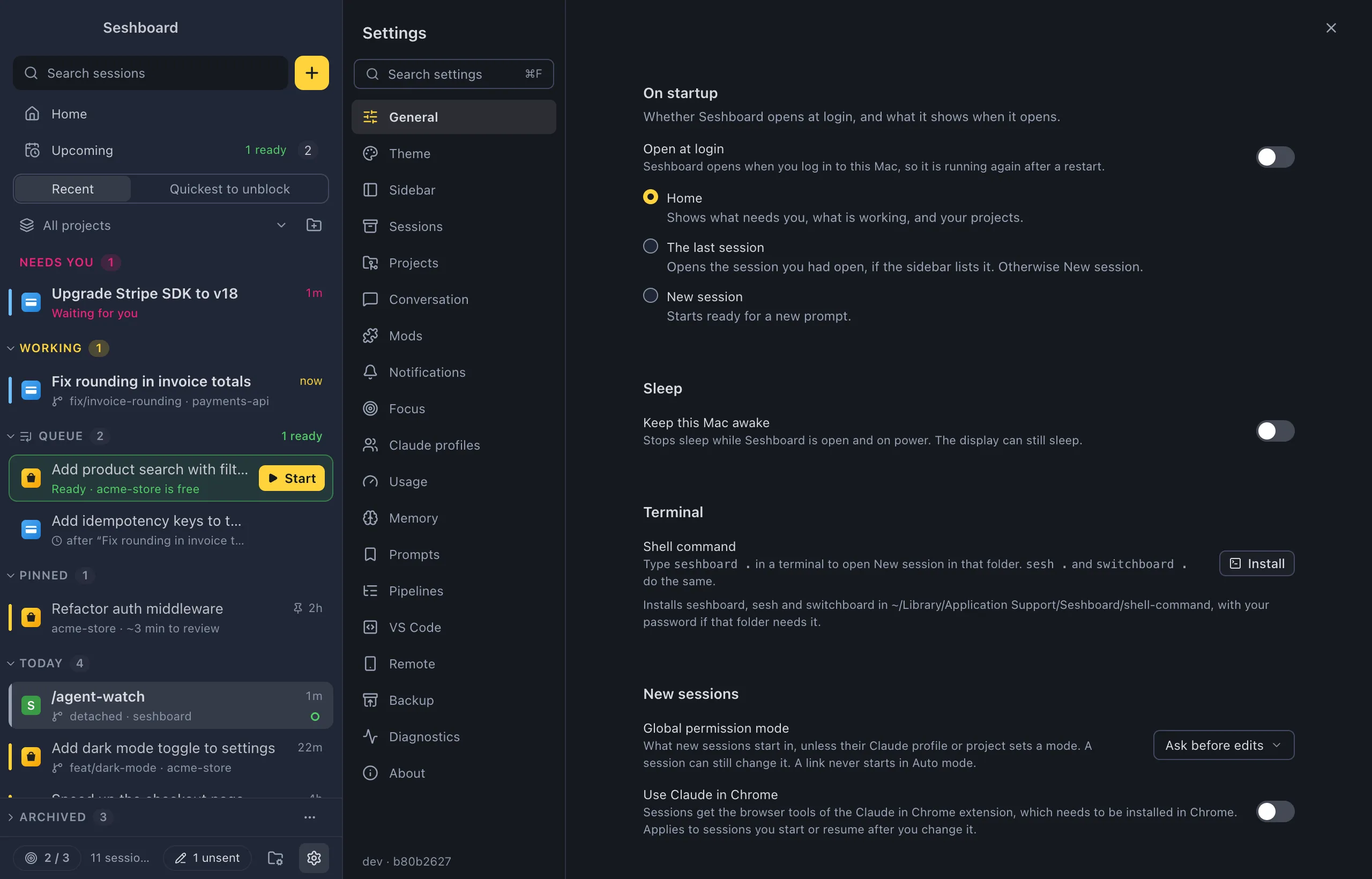 Settings on General: On startup with the Open at login switch, Home, The last session and New session, the Keep this Mac awake switch under Sleep, the permission mode for new sessions, and the Ask before quitting switch