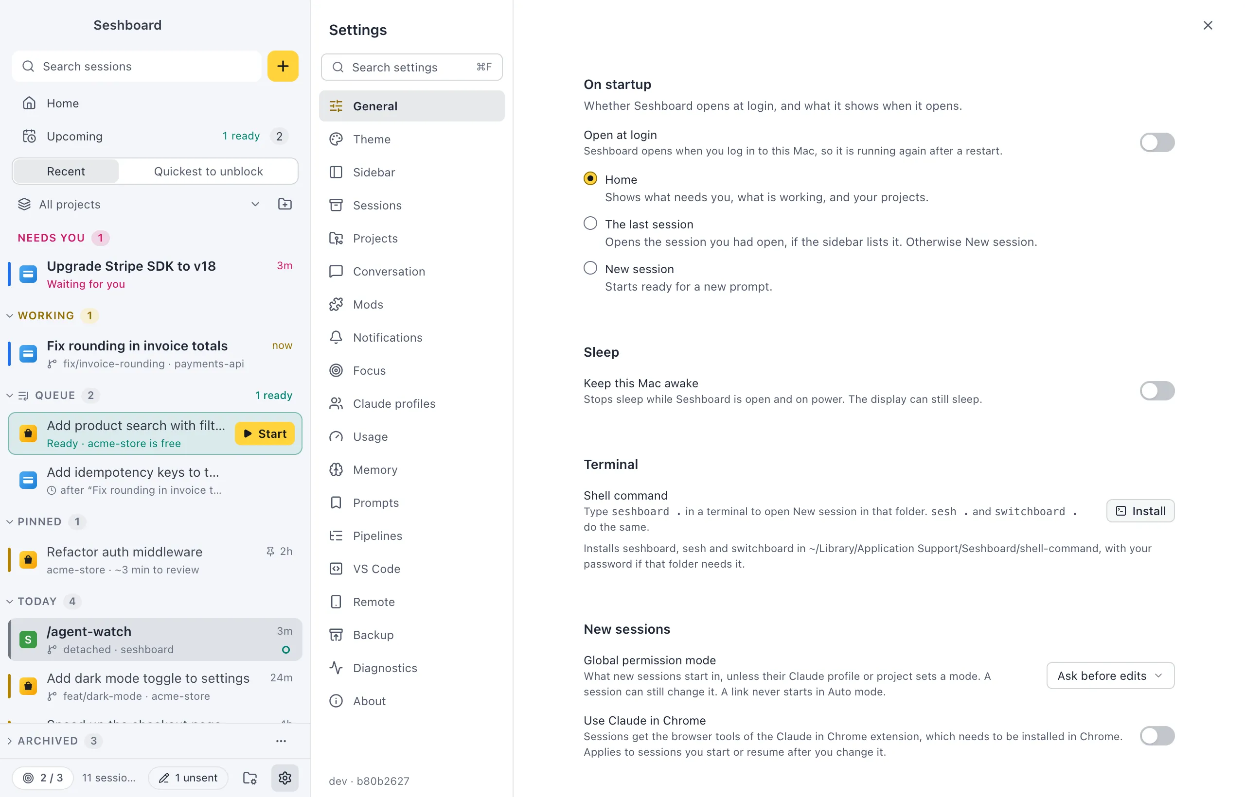 Settings on General: On startup with the Open at login switch, Home, The last session and New session, the Keep this Mac awake switch under Sleep, the permission mode for new sessions, and the Ask before quitting switch